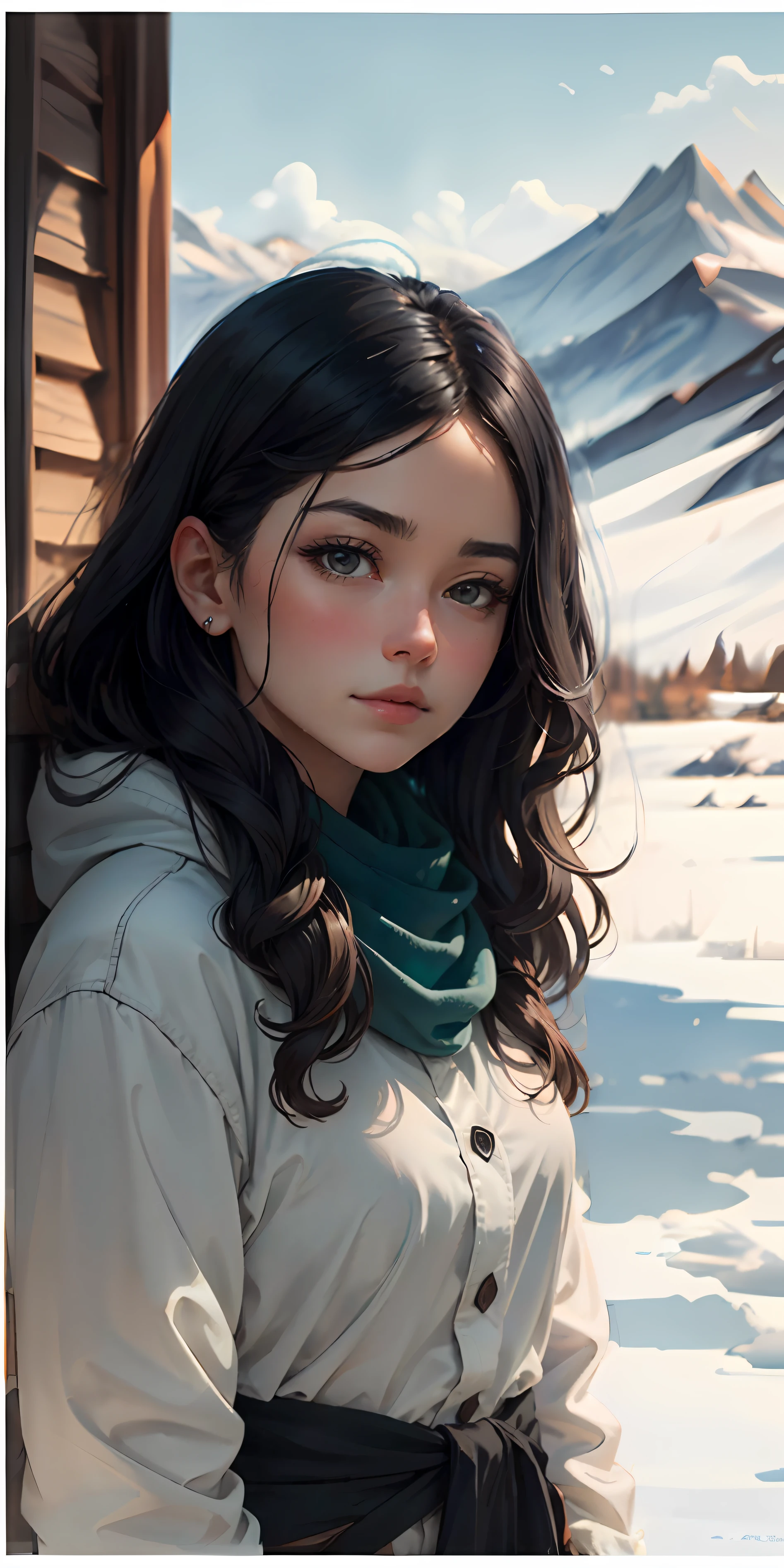 upper waist portrait of a gorgeous young woman , watercolor paiting, Drawing, Warm and desolate Little Eastern earthquake engine, Wavy black hair, The background is Glacier National Park, Snowy, tranquil, Cinematic lighting, Low shutter, Drop blue, filmgrain