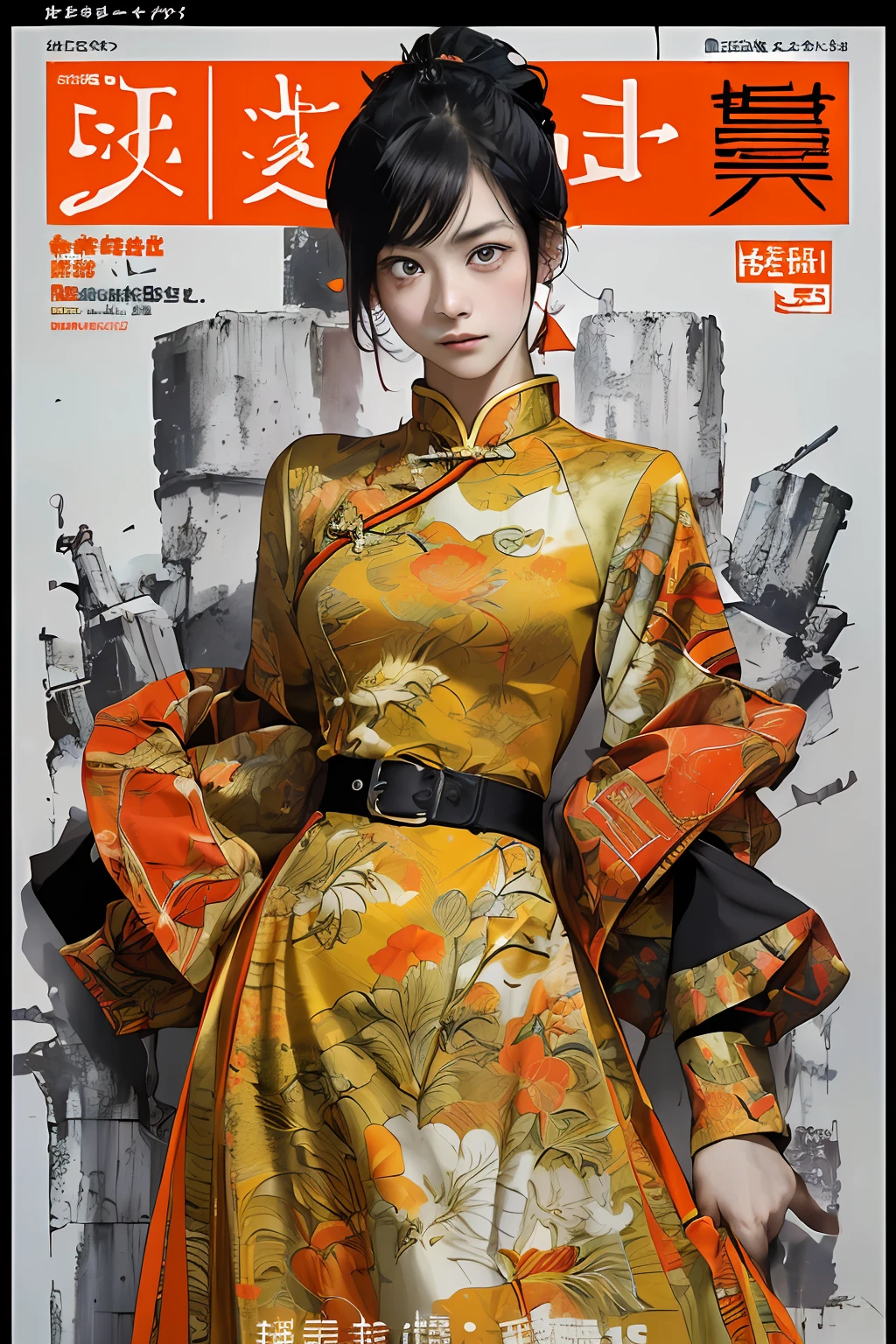 ((((Dramatic))), (((grittiness))), (((Intense))) The movie poster features a young woman as the central character。She stands confidently in the center of the poster,Wear Chinese warrior clothing,with a determined expression on her face。The background is dark and gritty,There is a sense of danger and a strong feeling。The text is bold and eye-catching,With catchy slogans,Adds to the overall drama and excitement,Dotted with bright colors,Make the poster dynamic and visually striking,tachi-e (Magazines:1.3), (Cover-style:1.3), Fashionab, woman, vibrant, Outfit, posing on a, Front,rich colourful,dyna,Background with,Chinese elements,self-assured,Expressing the,halter,statement,Attachment,A majestic,coil,Runt,Touching pubic area,Scenes,text,Cover of a,boldness,attention-grabbing,