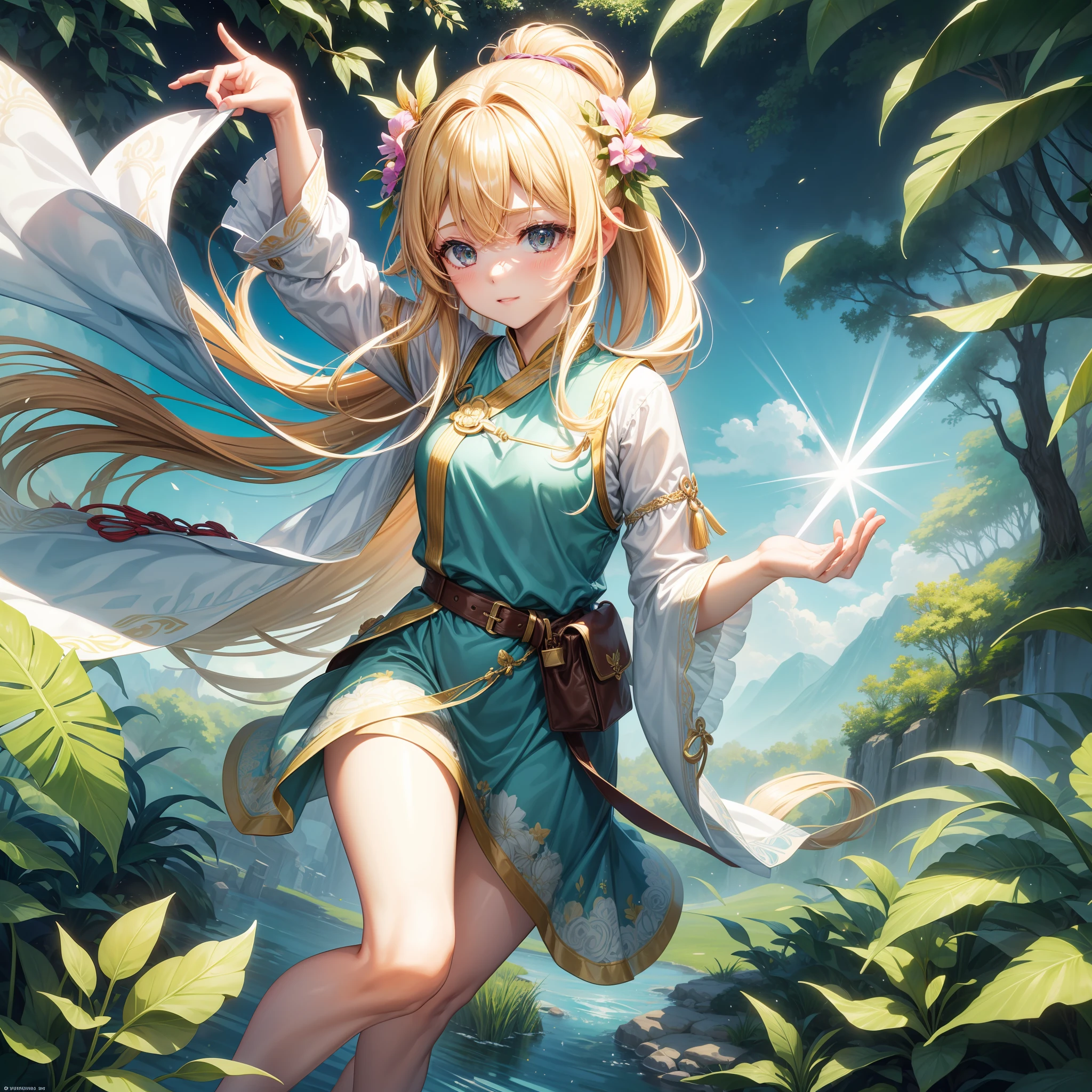The Girl of、Has a vivid personality。Her hairstyle is、Have long hair、Rich curly hair spreads naturally。Hair color is、With bright blonde hair with a shine like the sun、When hair flutters in the wind、It looks as if particles of light are flying around。
Her outfit is、Adventurous、It is a style that is in harmony with nature。Usually、She wears a green tunic or dress made of light material.。This outfit is、Encourages freedom of movement、Designed to help her feel comfortable in nature。
At her feet、I often put out my bare feet、There is a decoration at the foot with leaf and flower motifs.。pure、Be prepared for adventure、I had a small bag on my belt.、I put the necessary tools and items there。
Moreover、She may also decorate a corolla or ribbon on her head。These accessories are、It further enhances her unique and bright charm。
Her appearance and appearance are、In harmony with nature、Symbolizes the bohemian spirit。She is in a fantasy world of swords and sorcery、While throwing yourself into magical adventures and new friendships、You will grow by valuing your own personality.。