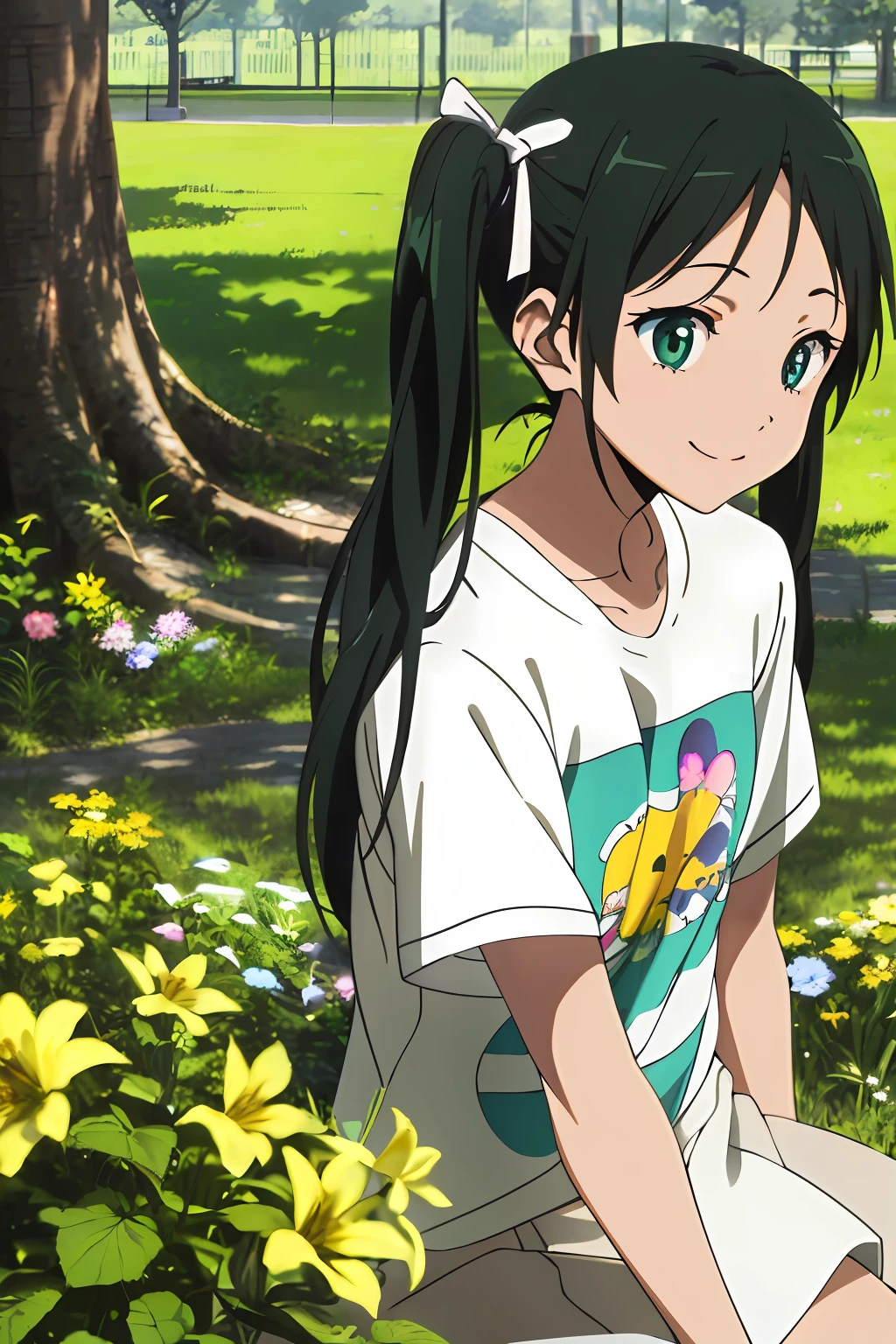(highres, best quality:1.2), 1girl, radiance, soft contours, beautiful drawing, upper body, concept art, eyelashes, kyoani hyouka style, detailed background, bright colors,
francesca lucchini, hair ribbon, smile, twintails, t-shirt, colorful clothes,
Outdoor, park, green leaves, flowering,