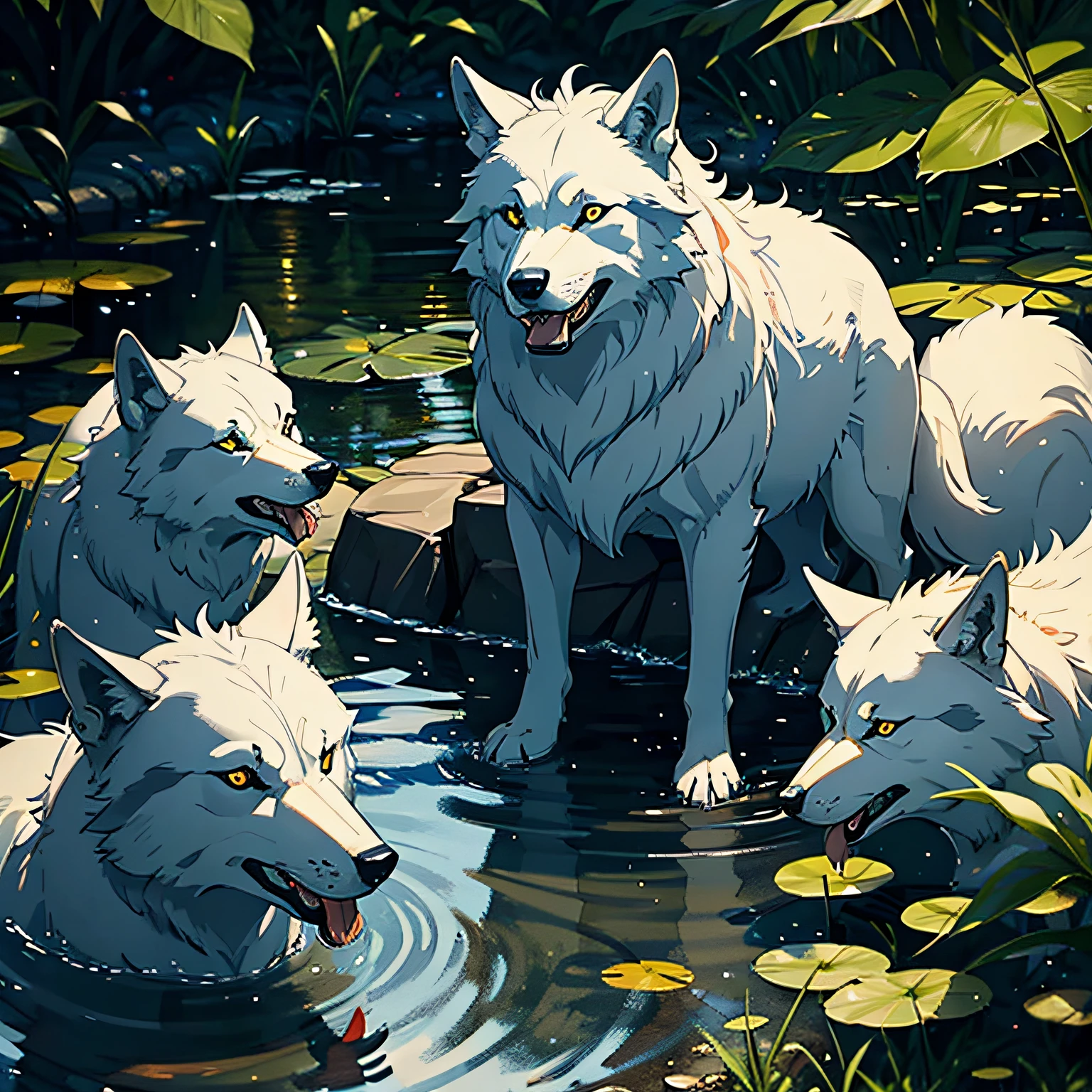 A dozen wolves,By the pond,saunt,fang,Fierce,mouth drool,delicated,tmasterpiece,A high resolution