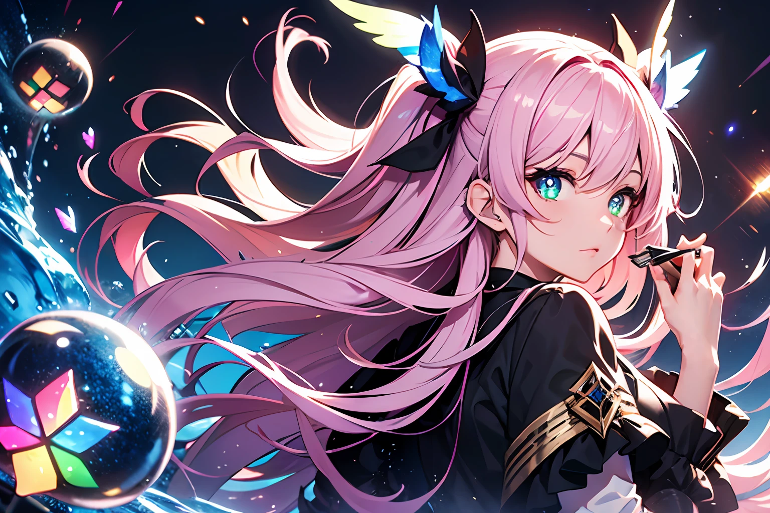 (Vibrant attack action)(Flames from the hands:2)、Fire Magic Circle、BREAK、(Floating rocks:2)、(Water weapons:2)、BREAK、(Visualization wind effect:2)、Windstorm:2、BREAK、fullllbody,Fulll body Shot (1 girl)((Pink hair, Long hair,Straight hair,two side up)) (Green eyes),eyeshadows, eye line,gloweyes, ultradetailed eyes, intricate eyes, Beautiful eyes, ((Glowing pink pupils))18-year-old girl.Break HA.((High contrast RGB effect, LED effect, Kaleidoscope effect, Shining Effect, Ripple Effect, Glitter RGB effect)) (Black background: 1.5)