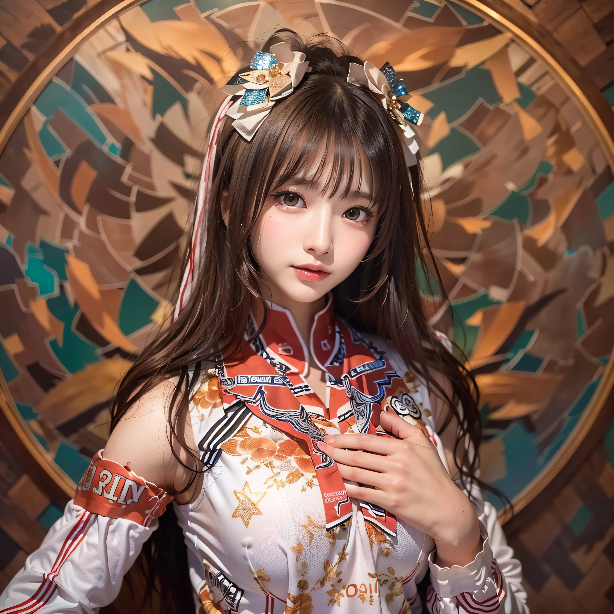 (Background, symmetrical, Compositions with coloful geometric arabesque patterns):1.3, (Medium hair, dark brown hair), (top-quality, Photorealsitic:1.4, masterpiece:1.3, RAW Photography:1.2, cinematric light, very detailed illustration), (1woman:1.3, solo), (asian girl, ultra delicate face, ultra Beautiful fece, ultra delicate eyes, ultra detailed nouse, ultra detailed mouth, ultra detailed facial features), petite woman, (Cheerleader costumes:1.3), (medium breast:1.3), from the front side, skiny, lipgloss
