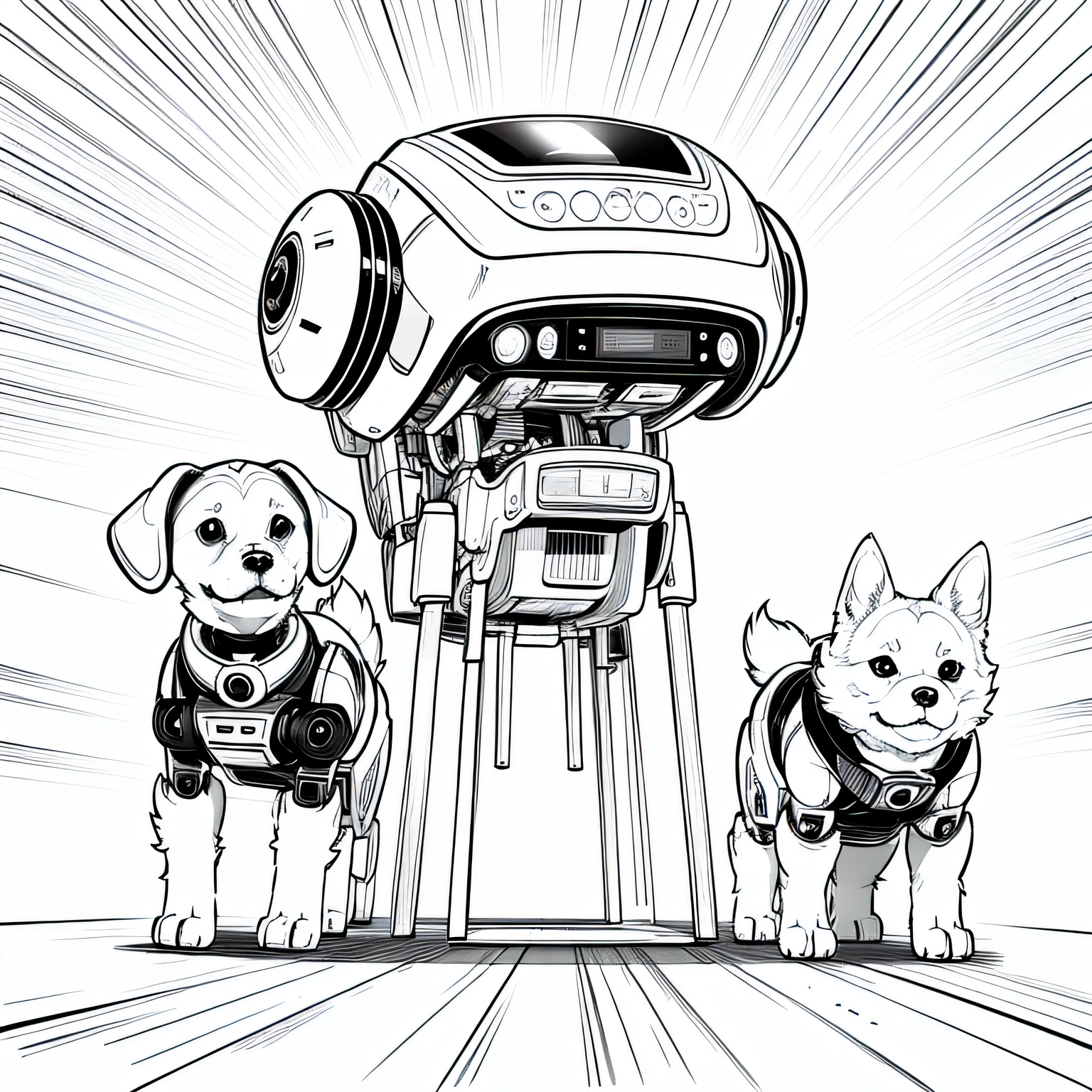 Cute robot dog，monochrome, linear art