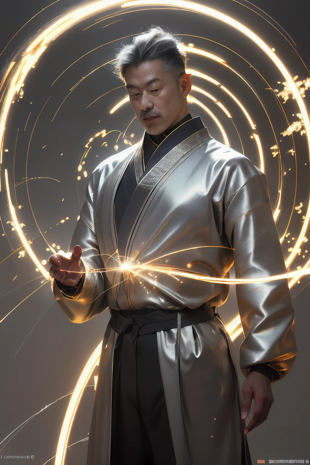 Best quality,masterpiece,ultra high res,solo,1girl, ,roujinzhi,Chinese Zen style,impactful picture,translucent and glowing metallic patterns,(glowing metal objects hovering in the air and surrounding him:1.2),(Electric arcs and sparks:1.2),(flow of energy:1.2),(translucent magnetic lines:1.2),(golden silver grey and shimmering light effects:1.2),