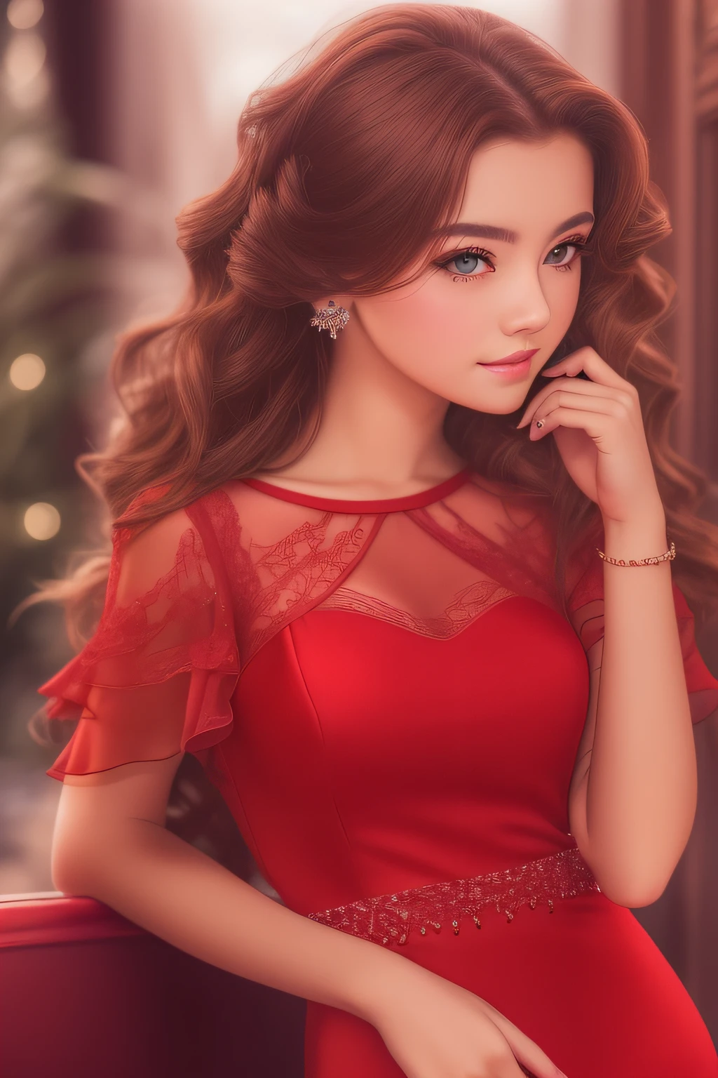 Beautiful girl in red evening dress, brown-hair, brown eye, in full height, (8K, photo in RAW format, beste-Qualit, tmasterpiece:1.2), Ultra-detailed, (high-detailed skin:1.2), 8K UHD, DSLR camera, soft-lighting, hiquality