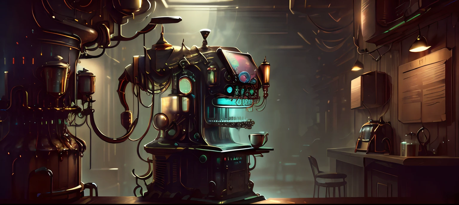 CiberPunkAI Coffee Machine, ((obra prima)) HDR, high resolution, alto detalhamento, coffee shop, coffee beans, 8k
