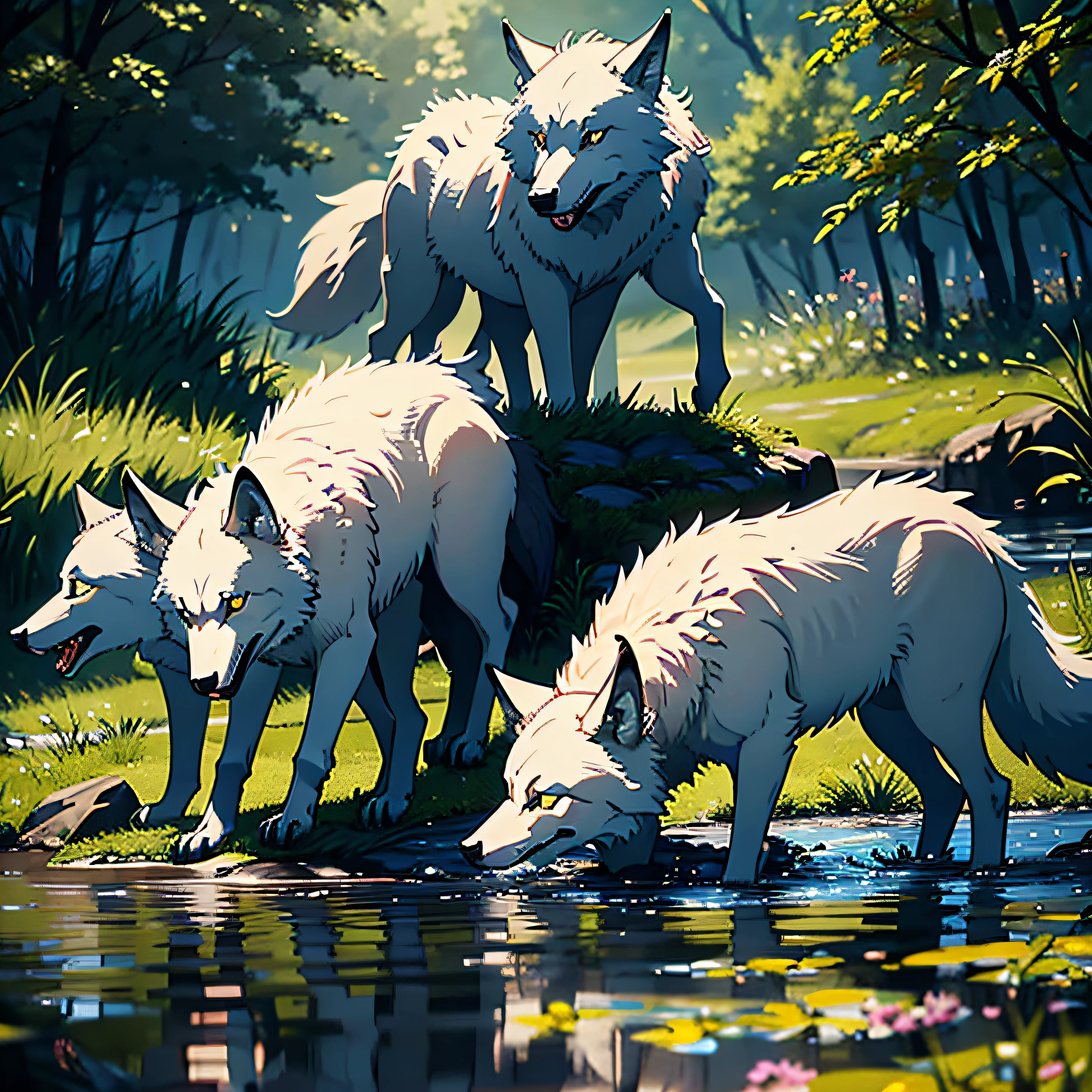 A dozen wolves,By the pond,saunt,fang,Fierce,mouth drool,delicated,tmasterpiece,A high resolution