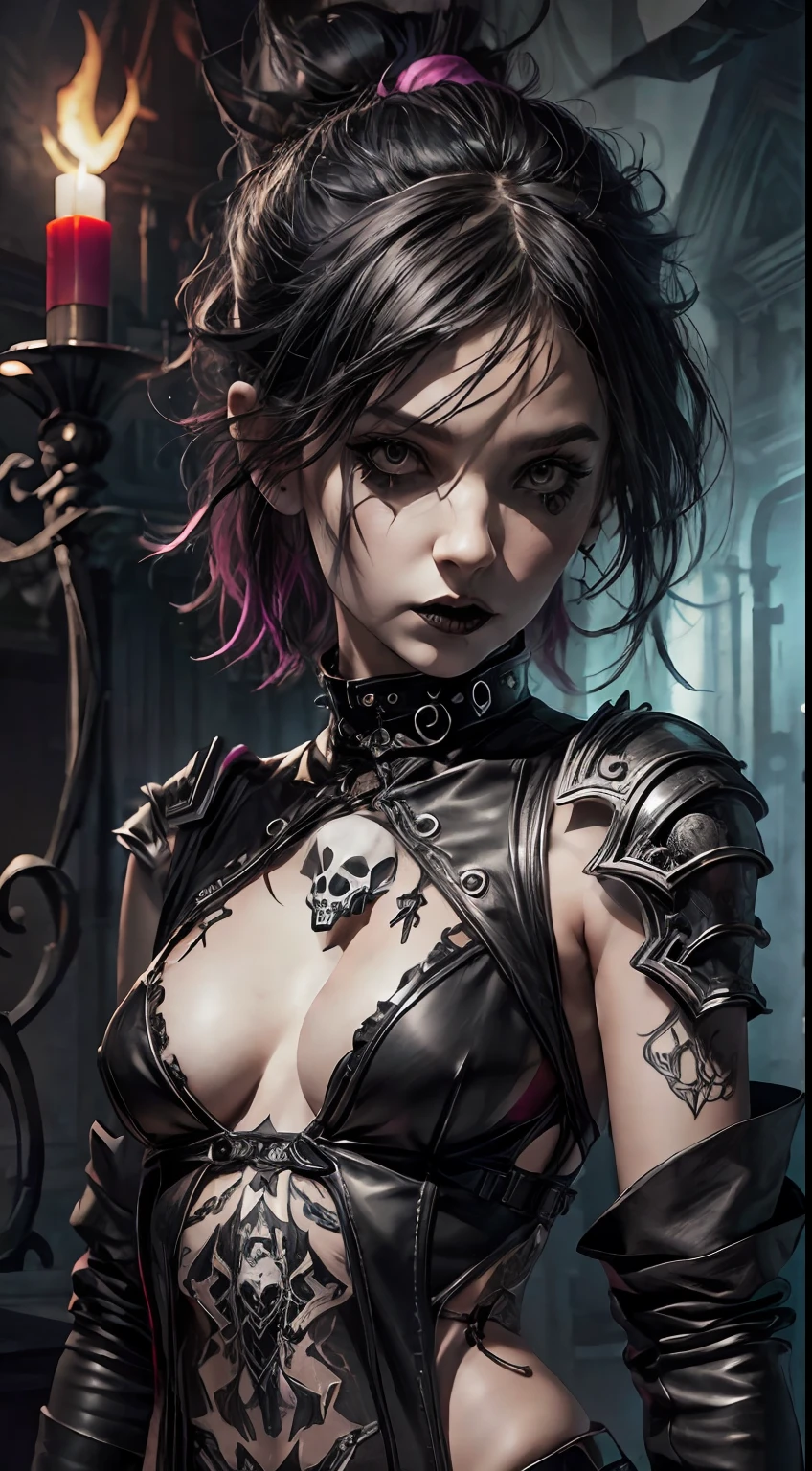 A Punk and goth girl with goth outfit, ripped body, wearing leather armor, leather legging, sexy, small boobs skulls and lit candles around and in the background