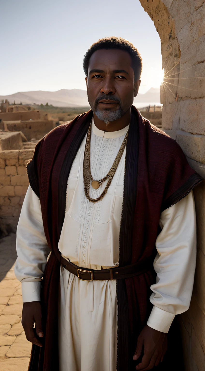 full body portrait of a blasian dark-skinned medieval fantasy 35 year-old man, almond-shaped eyes, hazel-colored eyes, short hair, traditional fantasy north african nice commoner's clothes, colorful, in a medieval fantasy north african traditional town, (backlighting), realistic, masterpiece, highest quality, lens flare, shade, bloom, [[chromatic aberration]], by Jeremy Lipking, by Antonio J. Manzanedo, digital painting
