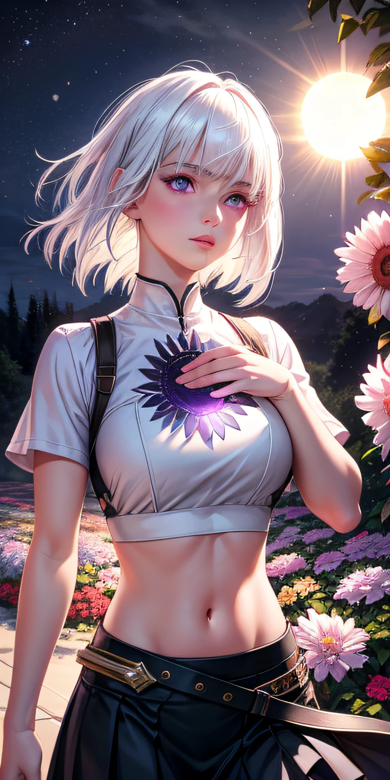 realistic, 1girl, white hair, purple eyes, glowing eyes, crop top, skirt, parted lips, blush, night, flowers, sun, sunlight,