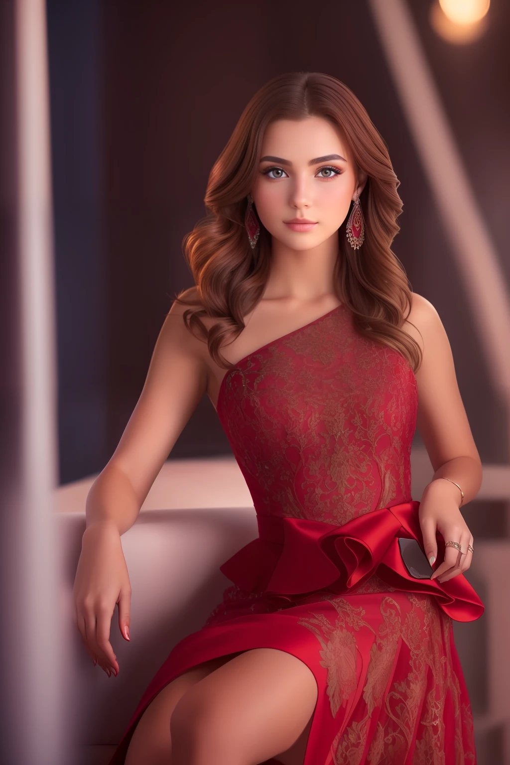Beautiful girl in red evening dress, brown-hair, brown eye, in full height, (8K, photo in RAW format, beste-Qualit, tmasterpiece:1.2), Ultra-detailed, (high-detailed skin:1.2), 8K UHD, DSLR camera, soft-lighting, hiquality
