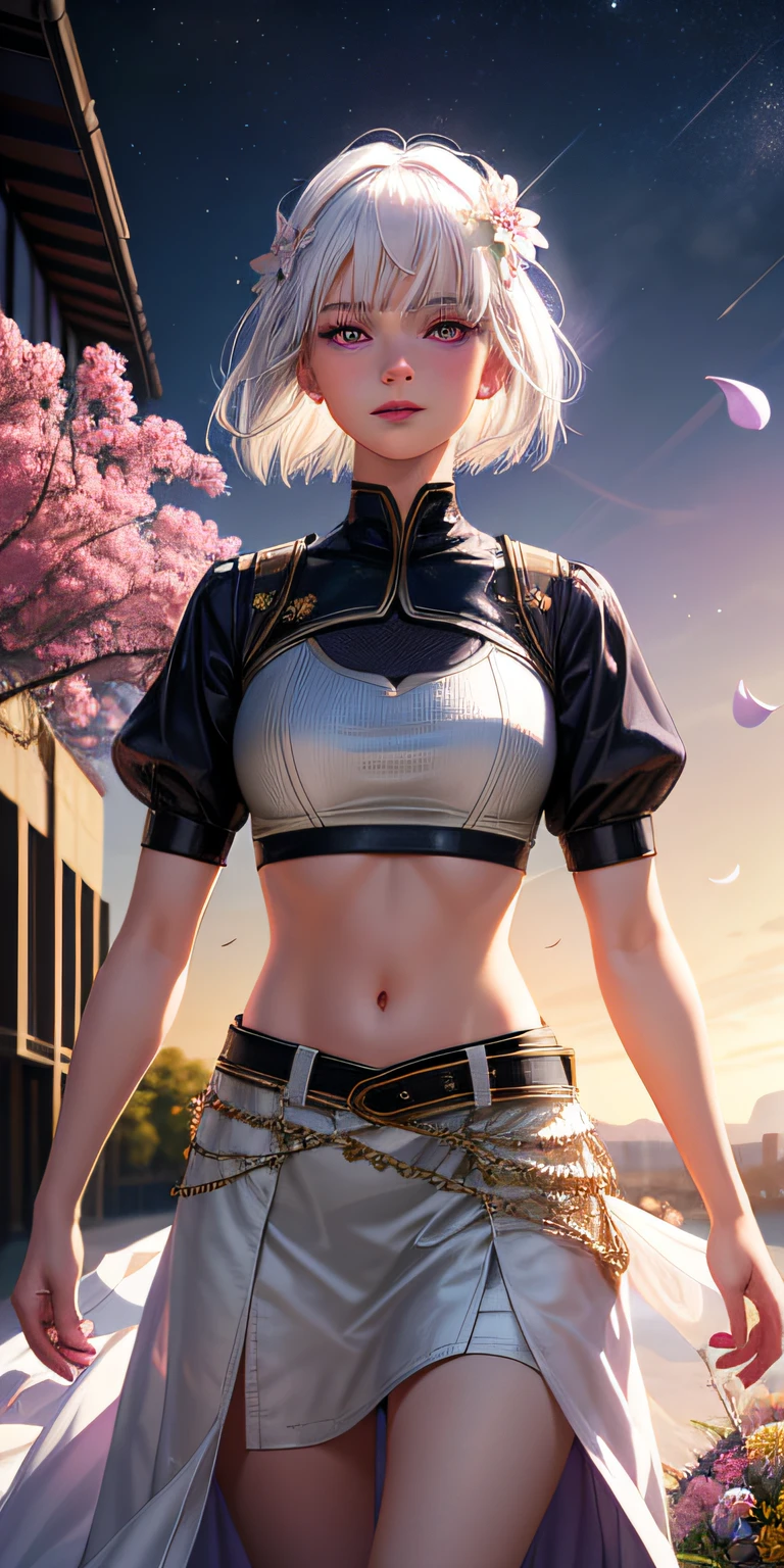 realistic, 1girl, white hair, purple eyes, glowing eyes, crop top, skirt, parted lips, blush, night, flowers, sun, sunlight,