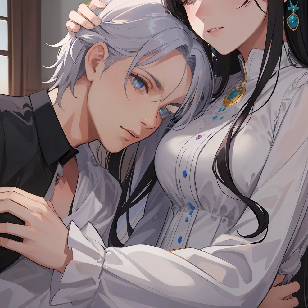 1homem, olhos azuis afiados com pupilas afiadas, cabelos brancos afiados e ele estava vestindo vestes nobres pretas e, Intimate embrace and will kiss with his beautiful wife, ela tem cabelos castanhos claros ((rosto de 41 anos))