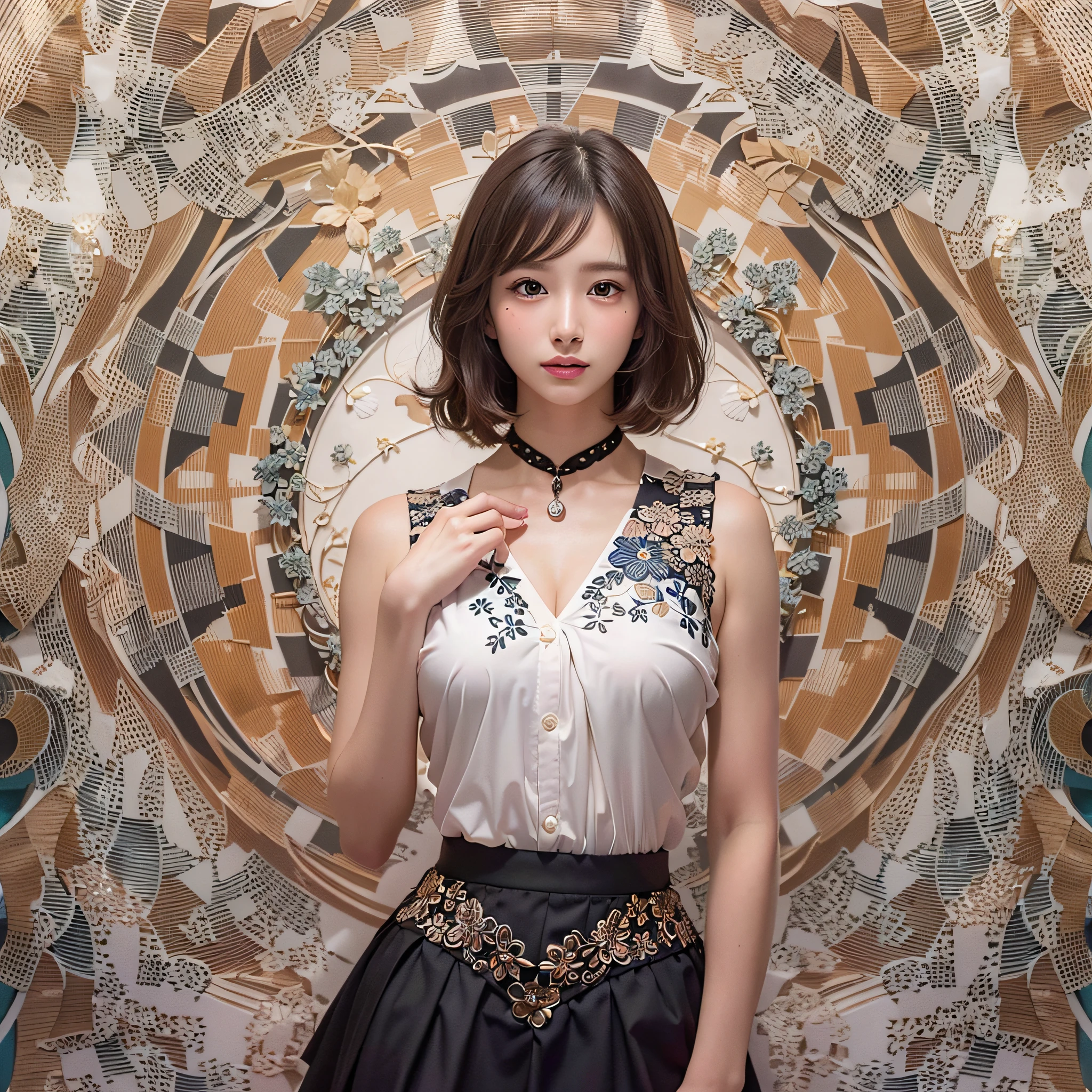 (Background, symmetrical, Compositions with coloful geometric arabesque patterns):1.3, (fullbody:1.3), (Medium hair, dark brown hair), (top-quality, Photorealsitic:1.4, masterpiece:1.3, RAW Photography:1.2, cinematric light, very detailed illustration), (1woman:1.3, solo), (asian girl, ultra delicate face, ultra Beautiful fece, ultra delicate eyes, ultra detailed nouse, ultra detailed mouth, ultra detailed facial features), petite woman, (White blouse:1.3, Black ruffled skirt), (medium breast:1.3), from the front side, skiny, lipgloss, Show cleavage
