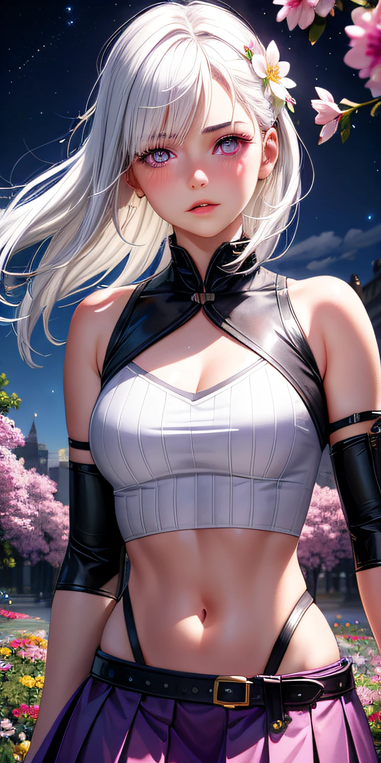 realistic, 1girl, white hair, purple eyes, glowing eyes, crop top, skirt, parted lips, blush, night, flowers, sun, sunlight,