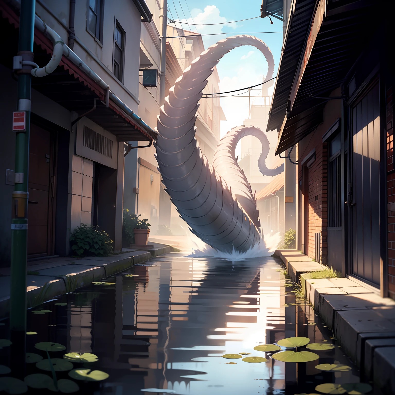 A large white worm slithering through murky sewer water.