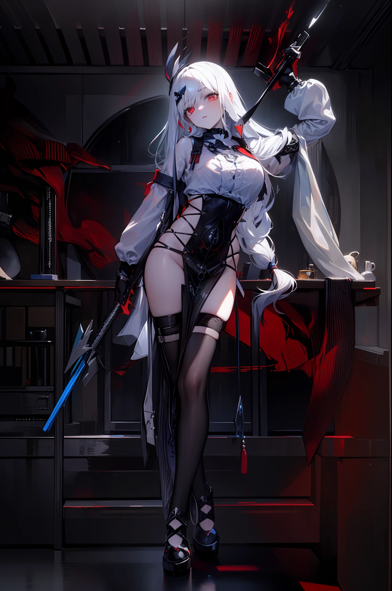 (masterpiece:1.5) (bestquality) (highlydetailed) (ultra-detailed) (pale) (medium bust) (assassin) {white hair:1.0} [long hair:0.5] {red eyes:1.0} (expressionless) (cold) {mixed race beauty:1.2}