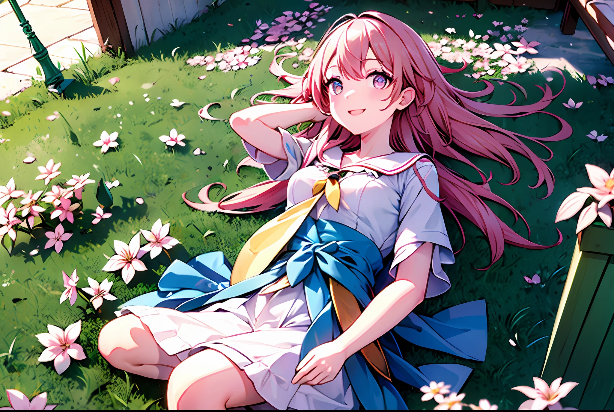 ((Best quality)), ((Masterpiece)), 1girll, backlite, RAW photo, Cherry blossom rain, grassy fields, wide angles
