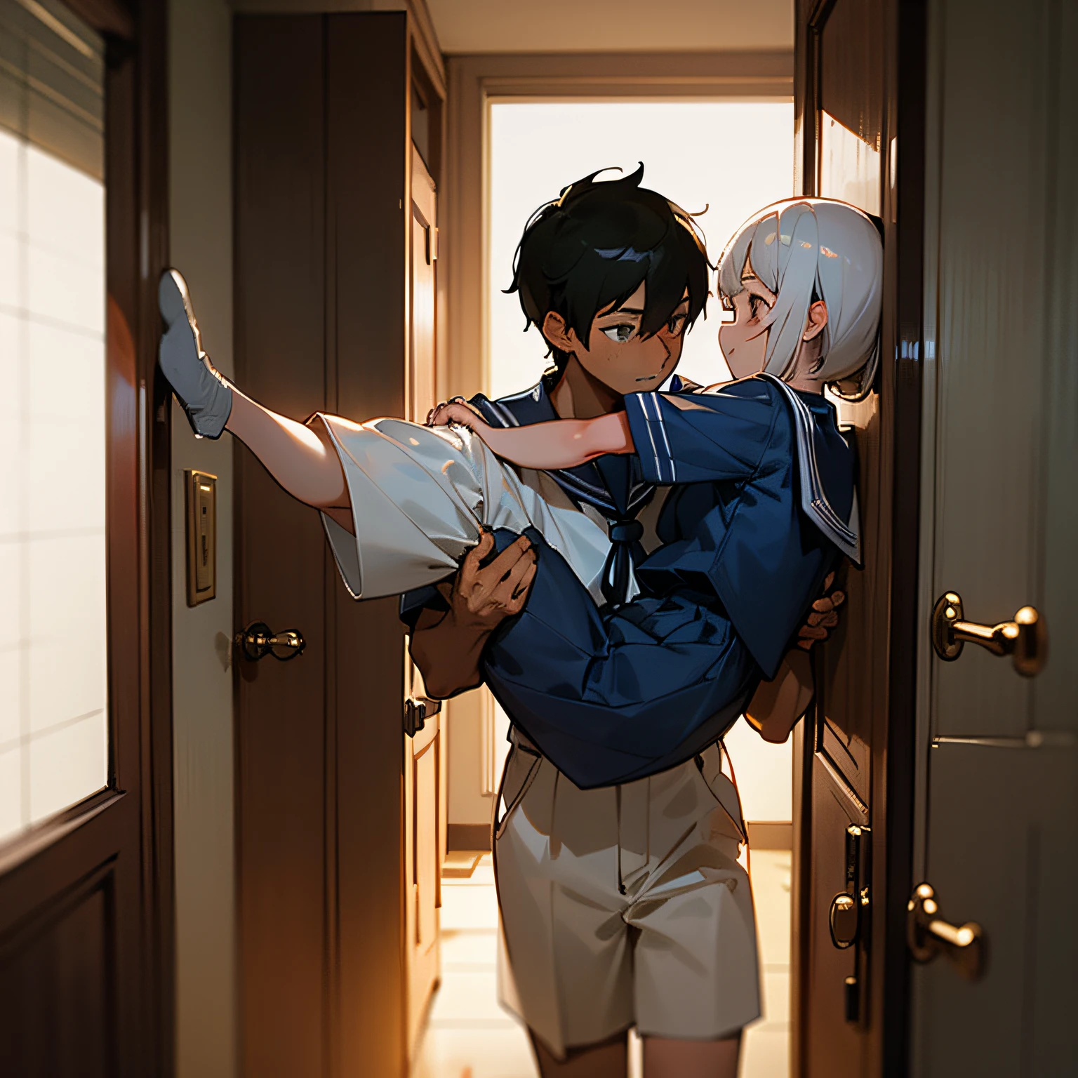 A man carries a girl on his back,Boy white short sleeves,Girl blue sailor suit,Standing in the doorway,High pixel,high qulity,Ultra-fine