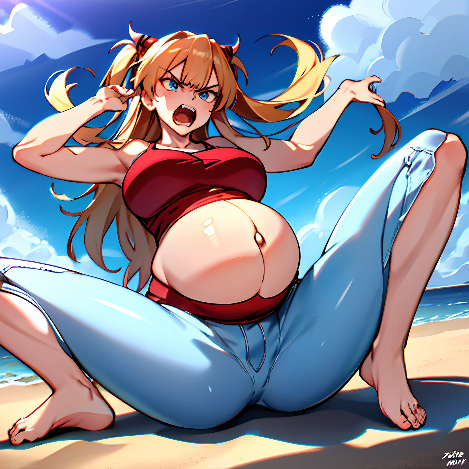 (masterpiece, best quality), 1girl, solo, Asuka, (pregnant), gigantic breasts, white croptop, jeans, barefoot, spread legs, angry, open mouth, beach,