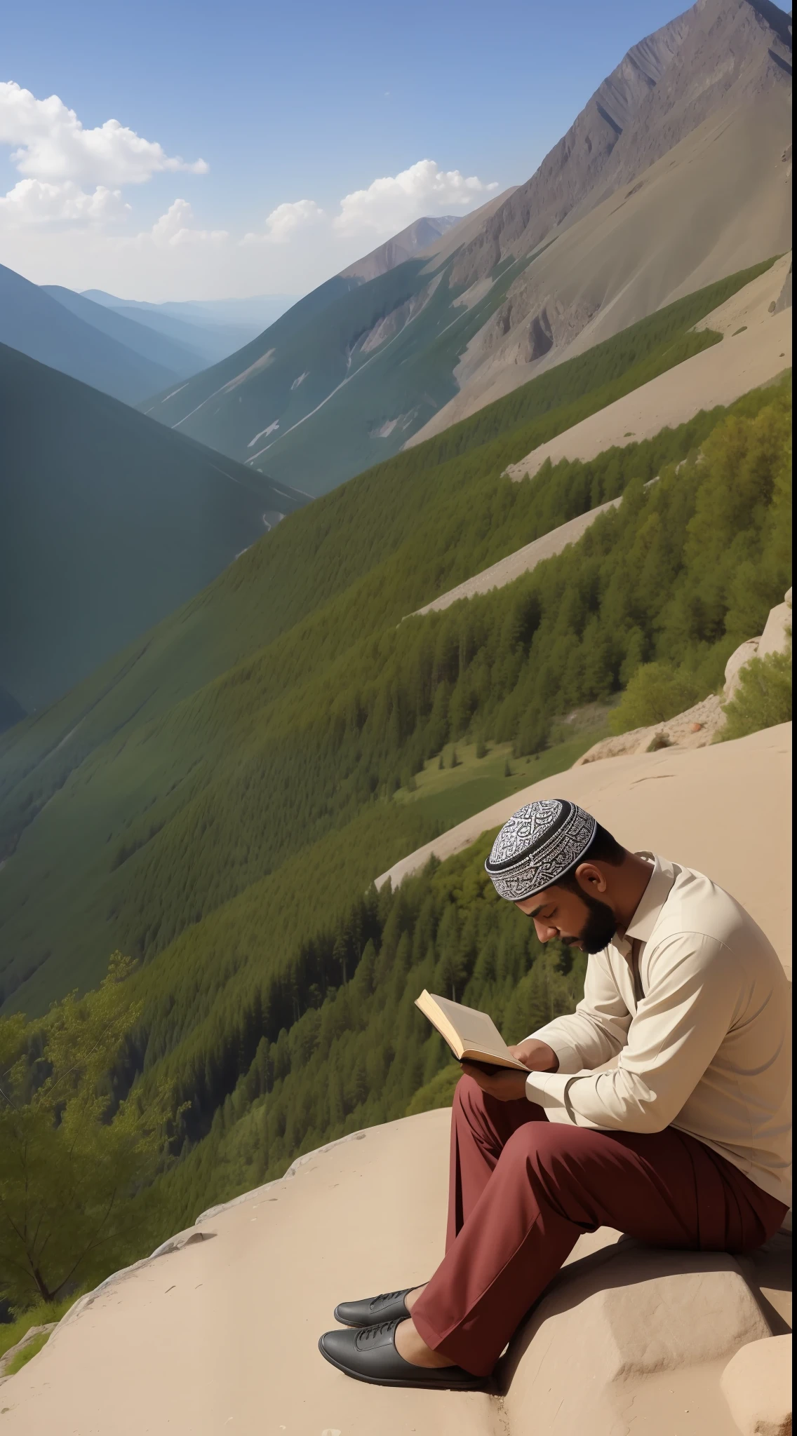A man reciting quran in the colorful mountain