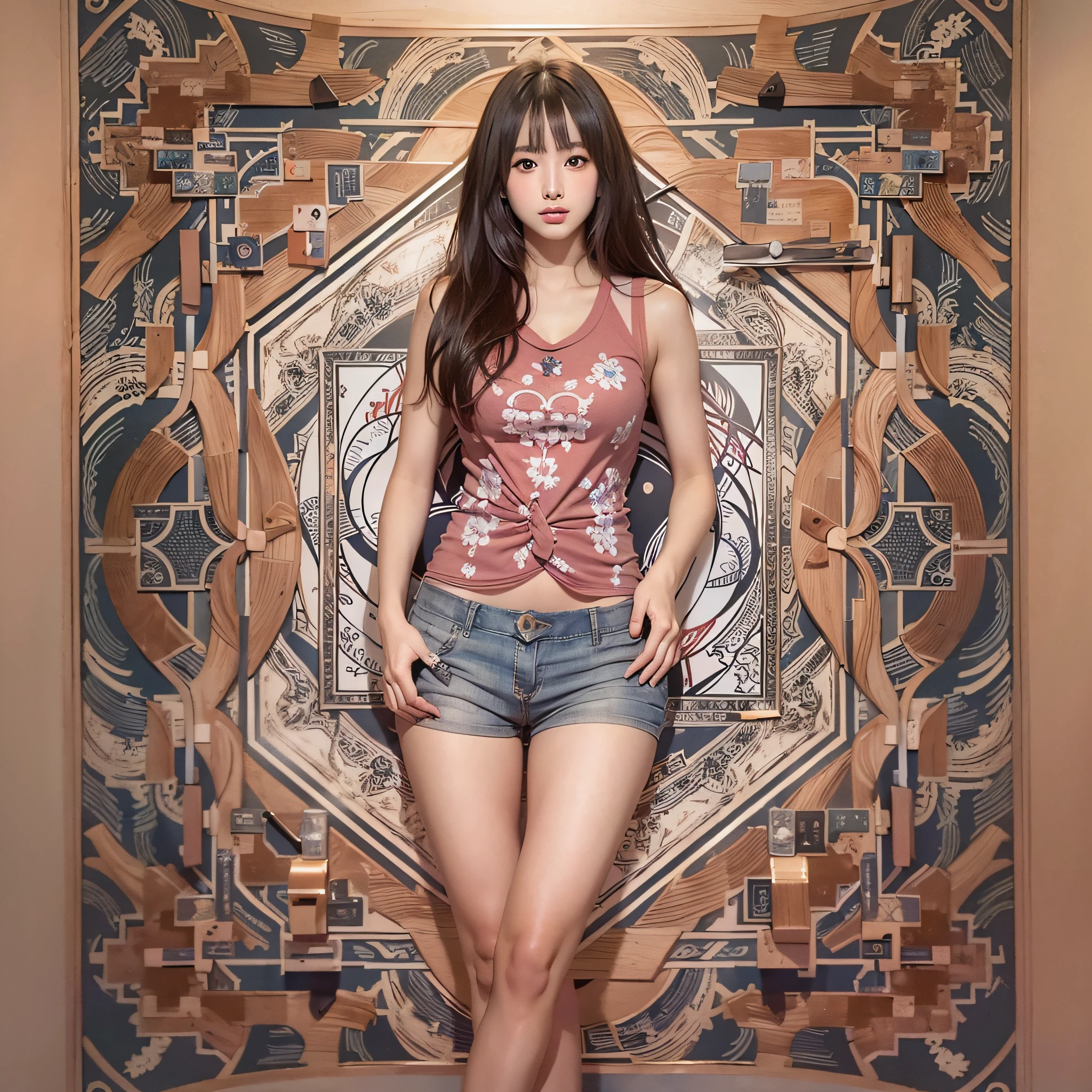 (Background, symmetrical, Compositions with coloful geometric arabesque patterns):1.3, (fullbody:1.3), (Medium hair, dark brown hair), (top-quality, Photorealsitic:1.4, masterpiece:1.3, RAW Photography:1.2, cinematric light, very detailed illustration), (1woman:1.3, solo), (asian girl, ultra delicate face, ultra Beautiful fece, ultra delicate eyes, ultra detailed nouse, ultra detailed mouth, ultra detailed facial features), petite woman, (Tank tops:1.3, shortpants), (medium breast:1.3), from the front side, skiny, lipgloss, Show cleavage