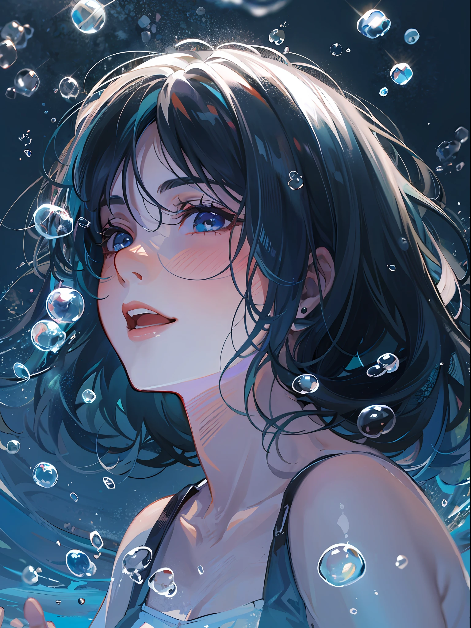 ((top-quality)), ((masterpiece)), ((ultra-detailliert)), (extremely delicate and beautiful), girl with, 独奏, cold attitude,((Black jacket)),She is very(relax)with the(Settled down)Looks,A dark-haired, depth of fields,evil smile,Bubble, under the water, Air bubble,bright light blue eyes,Inner color with black hair and light blue tips,Cold background,Bob Hair - Linear Art, shortpants、knee high socks、Camisole inner shirt、Hands in pockets