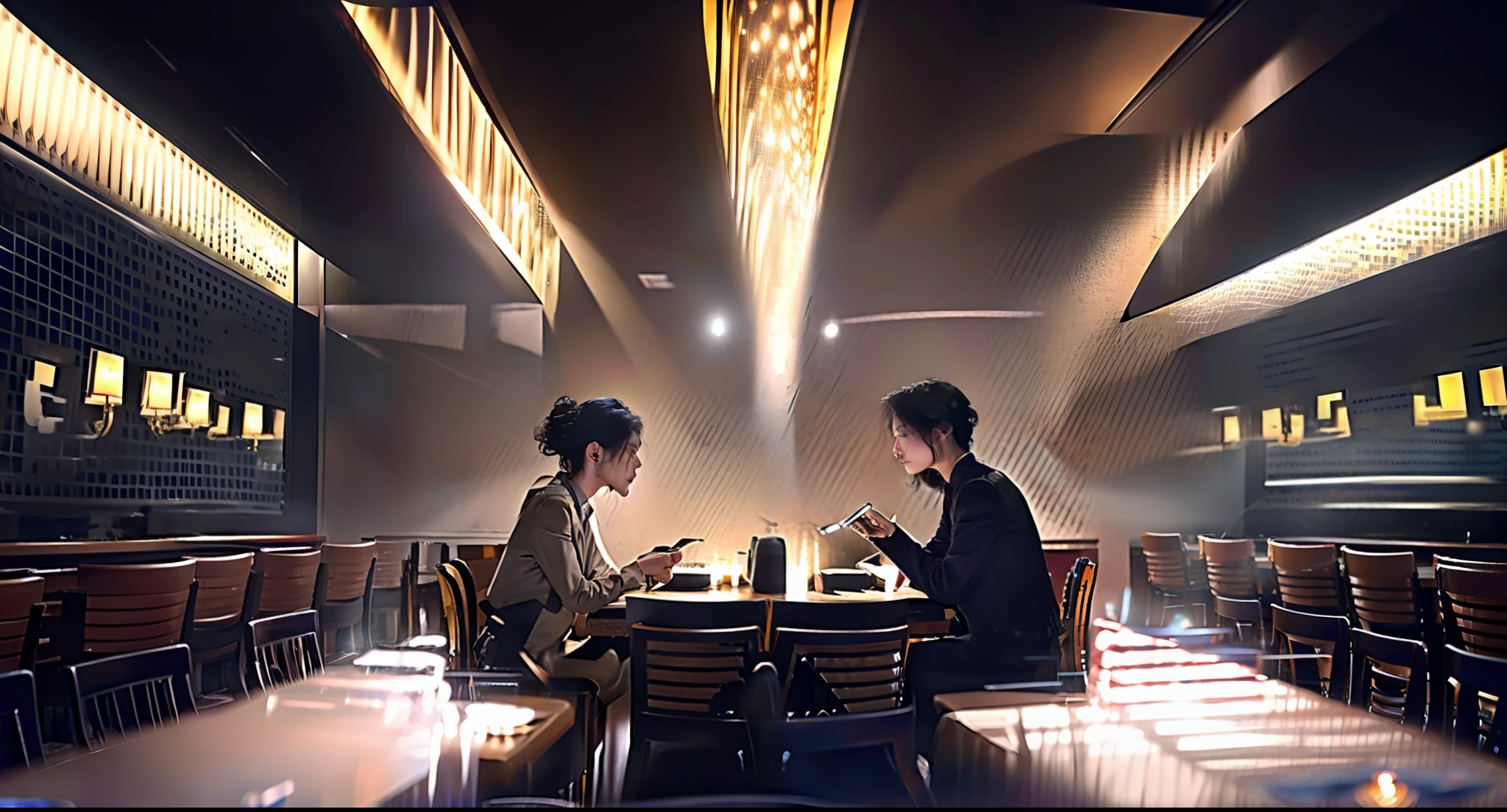 A man and a woman sit in a dimly lit tech restaurant eating。Only the side faces of the two were seen, Surrealism, high detail, modern, cinematic lighting, UHD, masterpiece, super detail, textured skin, high details, high quality, 8k, highres