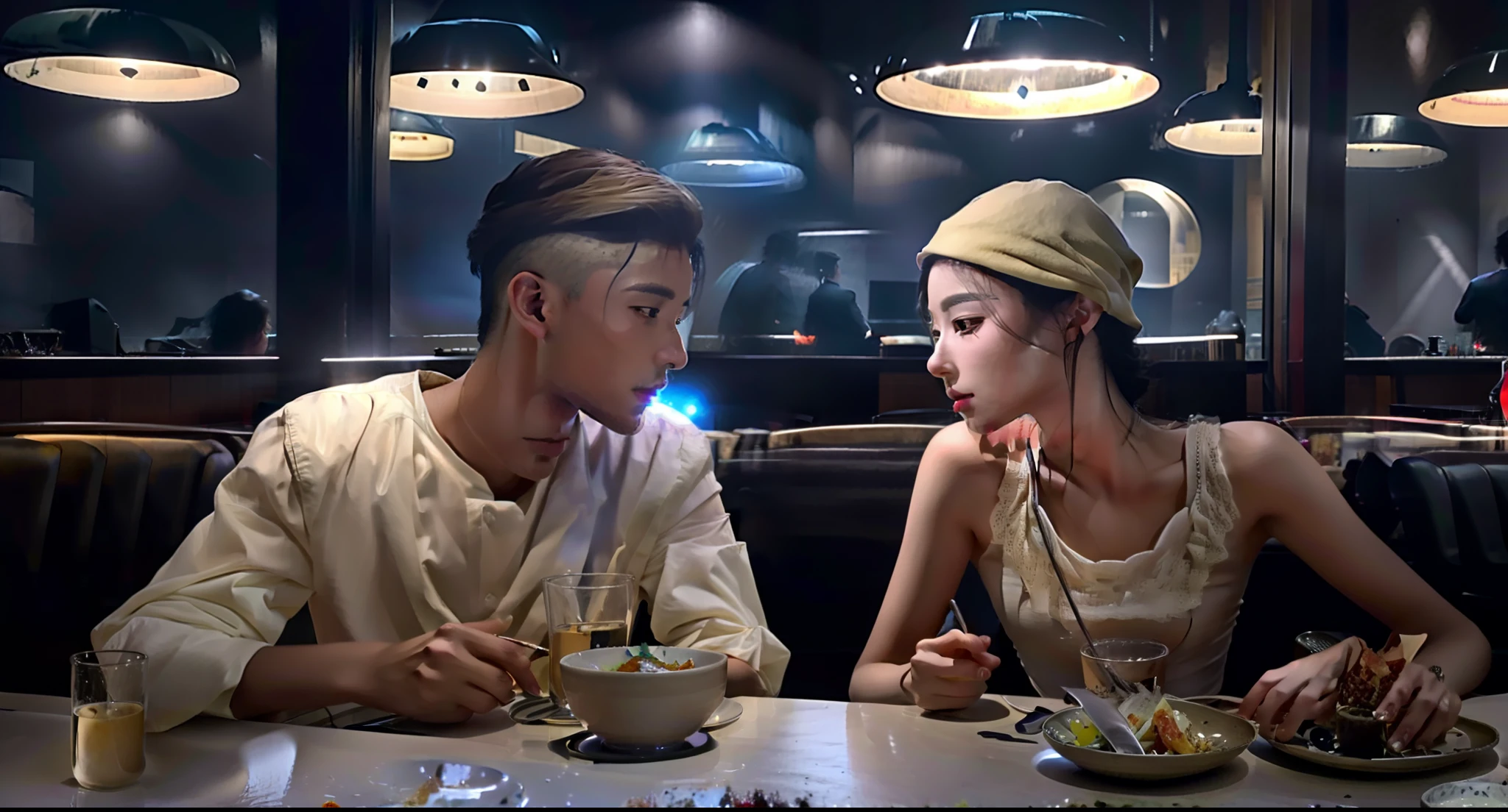 A man and a woman sit in a dimly lit tech restaurant eating。Only the side faces of the two were seen, Surrealism, high detail, modern, cinematic lighting, UHD, masterpiece, super detail, textured skin, high details, high quality, 8k, highres