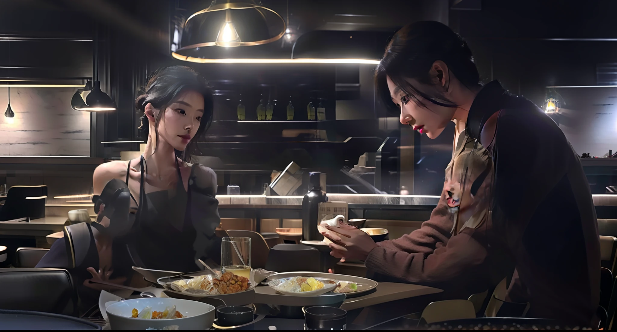 A man and a woman sit in a dimly lit tech restaurant eating。Only the side faces of the two were seen, Surrealism, high detail, modern, cinematic lighting, UHD, masterpiece, super detail, textured skin, high details, high quality, 8k, highres