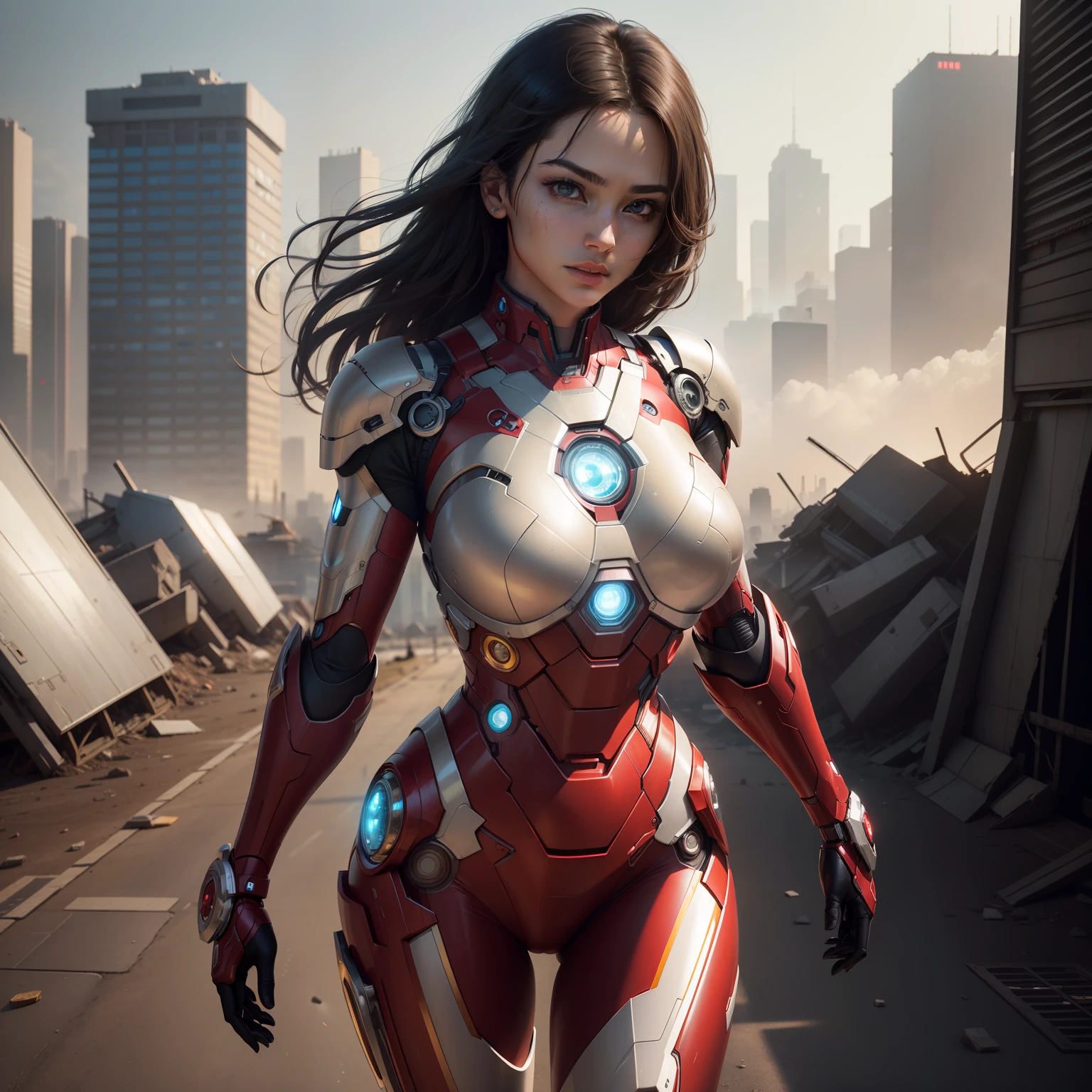 RAW, Masterpiece, Ultra Fine Photo,, Best Quality, Ultra High Resolution, Photorealistic, Sunlight, Full Body Portrait, Stunningly Beautiful,, Dynamic Poses, Delicate Face, Vibrant Eyes, (Side View) , she is wearing a futuristic Iron Man mech, red and gold color scheme, highly detailed abandoned warehouse background, detailed face, detailed and complex busy background, messy, gorgeous, milky white, high detailed skin, realistic skin details, visible pores , sharp focus, volumetric fog, 8k uhd, dslr camera, high quality, film grain, fair skin, photorealism, lomography, sprawling metropolis in futuristic dystopia, view from below, translucent