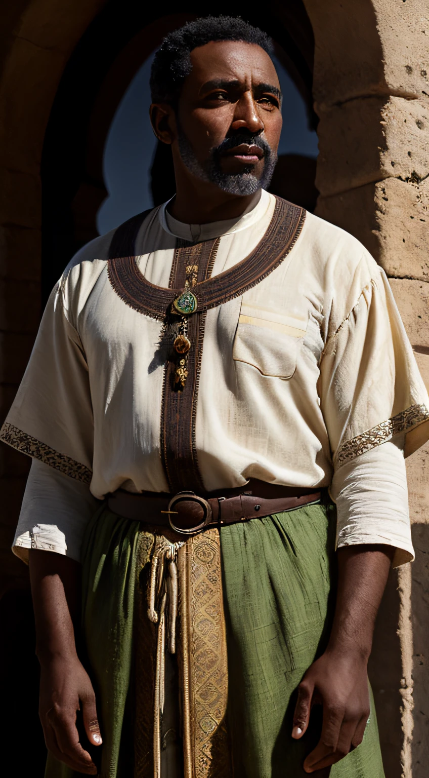 full body portrait of a blasian dark-skinned medieval fantasy 35 year-old man, almond-shaped eyes, hazel-colored eyes, short hair, traditional fantasy north african nice commoner's clothes, colorful, in a medieval fantasy north african traditional town, (backlighting), realistic, masterpiece, highest quality, lens flare, shade, bloom, [[chromatic aberration]], by Jeremy Lipking, by Antonio J. Manzanedo, digital painting