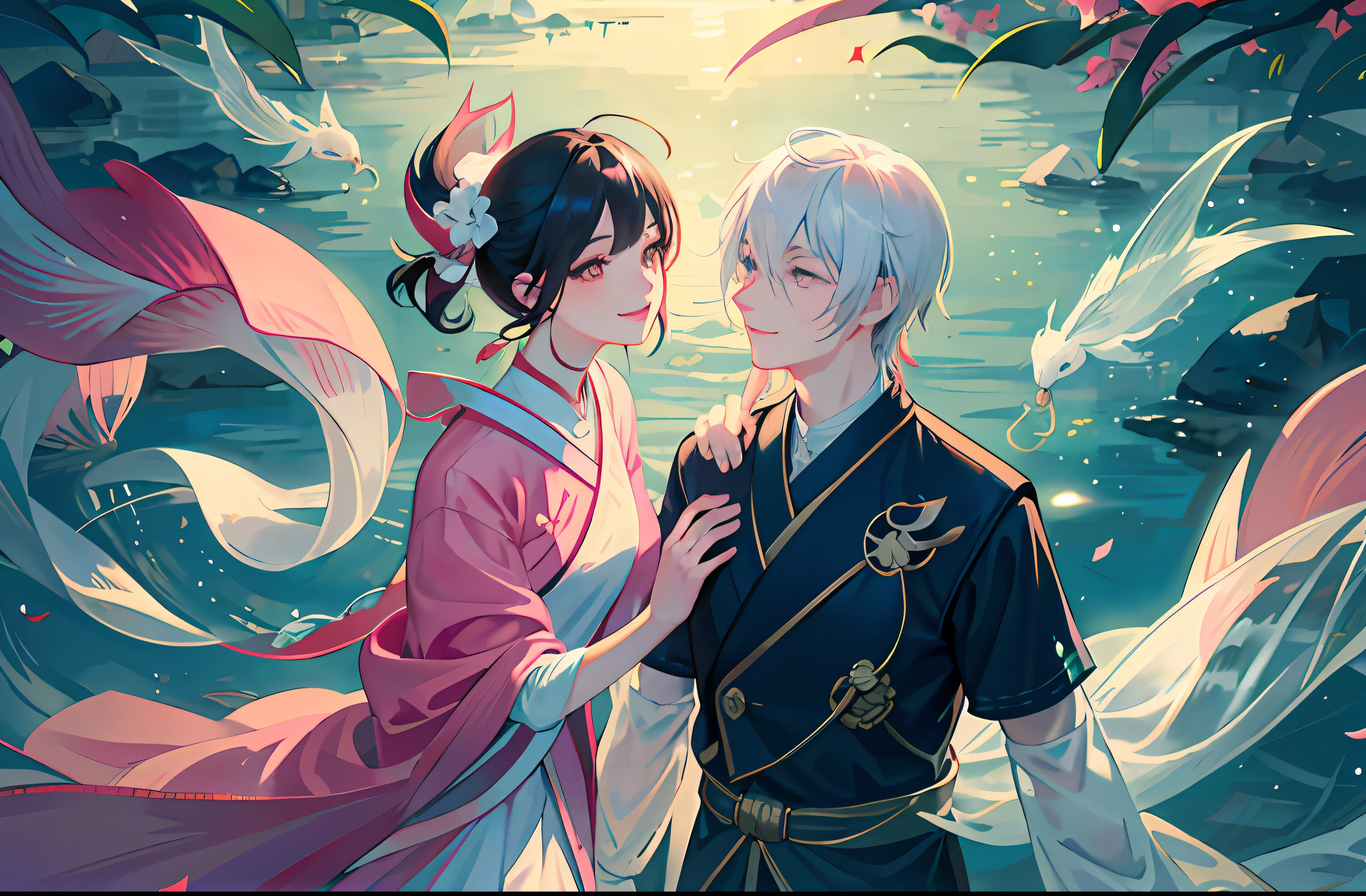 Koi couple avatar,Delicate and beautiful,The picture quality is perfect,Soft light and shadow,Clear details,Floating feeling,Smiling,mutual gaze,Pink is gentle,Happy atmosphere,Unique pairing,Full of love。