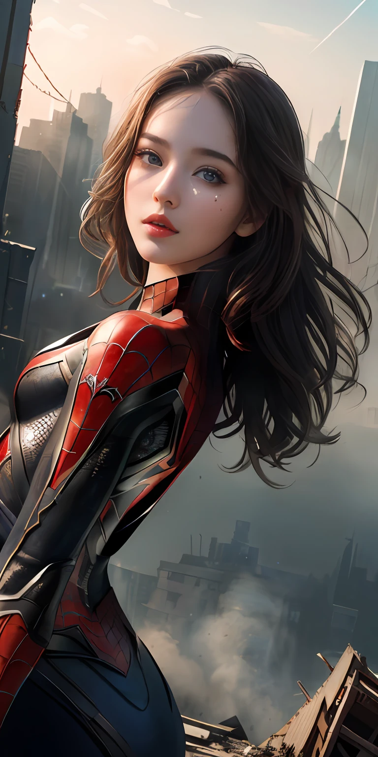 (1girl:1.3), solo, (((extremely detailed face))),(((extremely detailed eyes and face))),beautiful detailed eyes,body-parts__, official art, unified 8k wallpaper, super detailed, beautiful and aesthetic, beautiful, masterpiece, best quality, raw, masterpiece, super fine photo, best quality, super high resolution, photorealistic realism, sunlight, full body portrait, amazing beauty,, dynamic pose, delicate face, vibrant eyes, (from the front), she is wearing a Spider-man suit, red and black color scheme, spider, very detailed abandoned warehouse background, Detailed face, detailed complex busy background, messy, gorgeous, milky white, highly detailed skin, realistic skin details, visible pores, sharp focus, volumetric fog, 8k uhd, DSLR, high quality, film grain, fair skin, photo realism, lomography, huge metropolis in future dystopia, seen from below, translucent