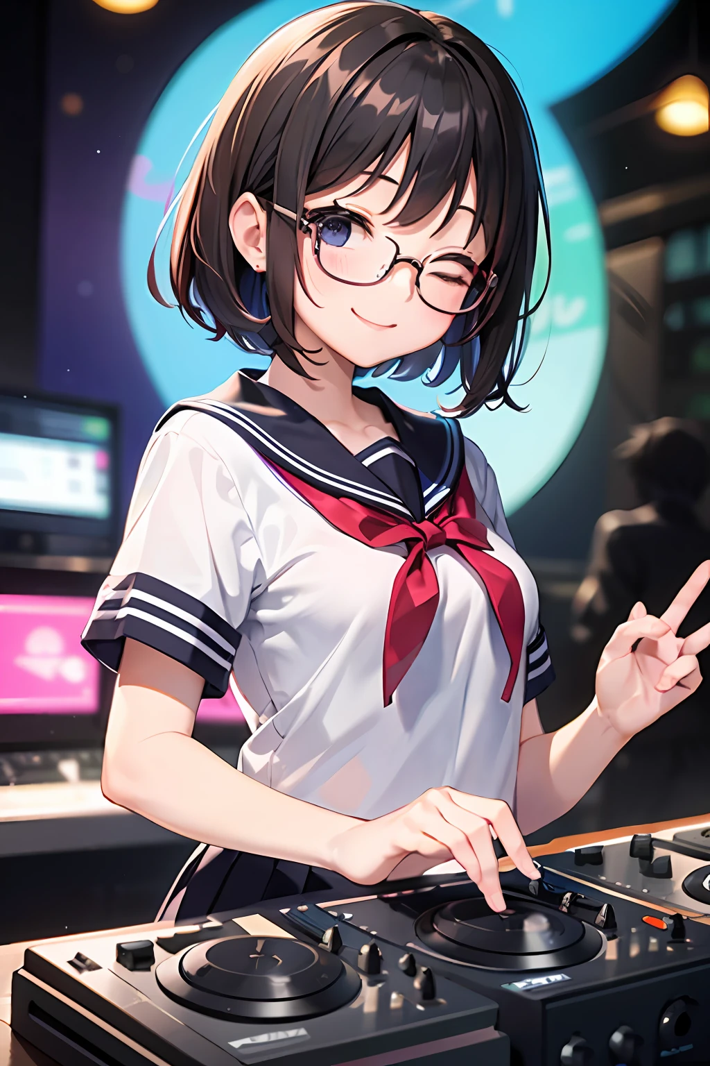 (1 Junior High School Girl、A dark-haired、short-hair、straight haired、hair adornments、eye closed、A smile、Black glasses、small tits、cute  face)、Sailor suit with short sleeves、Sailor suit skirt、full body Esbian、camera view、Turntables on both sides of the mixer console、​masterpiece、top-quality、DJ