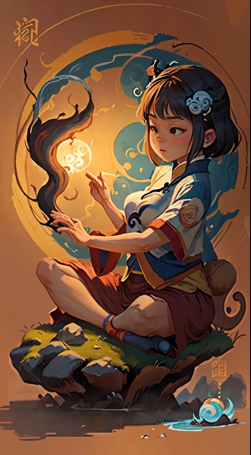 (harmony, balance, yin-yang), Chinese silk painting, Tai Chi principles, fluid motion, interconnected elements, the interplay of contrasting forces, Daoist philosophy, a touch of the I Ching, warm and cool color palette, reflective art, inspired by Laozi, Zhuangzi,  Yin Yang diagrams, Taijitu, the Bagua, the fusion of the spiritual and the physical,1girl,solo, grabbing breasts,, daoist, summon magic,  cinematic lighting,  fire and ice split, bagua background, circular bagua, yi yang, daoist practice, mediation sit, buddha sit,  spiral loong, cloud loong at the top,