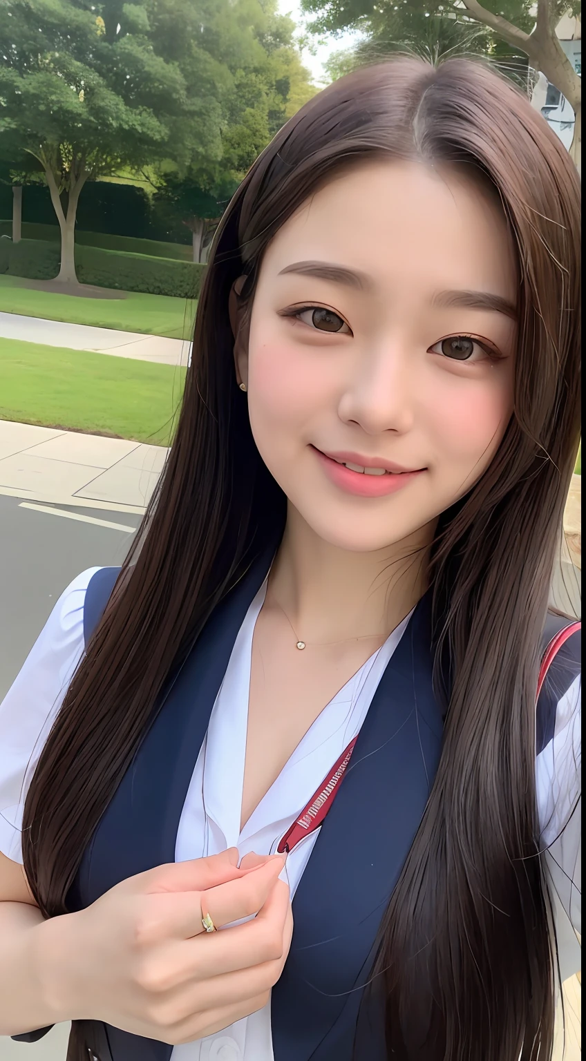 modern, schoolgirls, Ultra-fine face, Elaborate Eyes, 二重まぶた, ssmile, Outdoor scene, Publish randomly, Cool attire，No milk,Have temperament，Exaggerated facial features，Around 35 years old，Full body photo