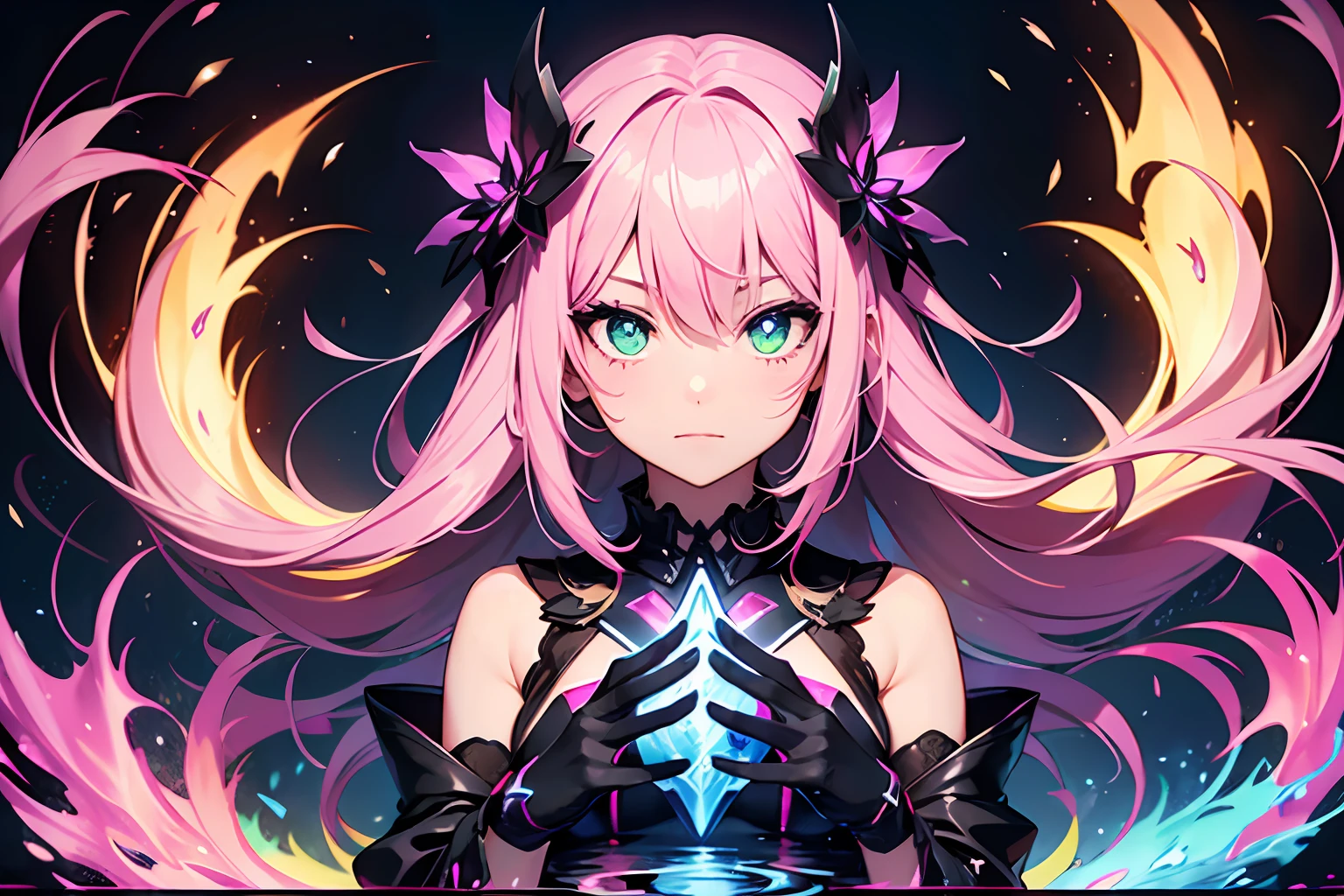 (Vibrant attack action)(Flames from the hands:2)、Fire Magic Circle、BREAK、(Floating rocks:2)、(Water weapons:2)、BREAK、(Visualization wind effect:2)、Windstorm:2、BREAK、fullllbody,Fulll body Shot (1 girl)((Pink hair, Long hair,Straight hair,two side up)) (Green eyes),eyeshadows, eye line,gloweyes, ultradetailed eyes, intricate eyes, Beautiful eyes, ((Glowing pink pupils))18-year-old girl.Break HA.((High contrast RGB effect, LED effect, Kaleidoscope effect, Shining Effect, Ripple Effect, Glitter RGB effect)) (Black background: 1.5)