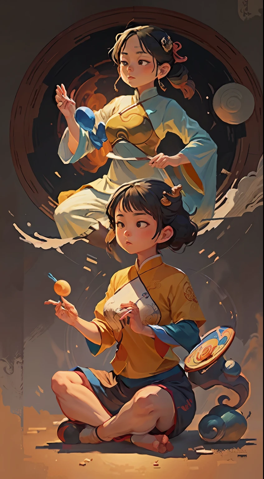 (harmony, balance, yin-yang), Chinese silk painting, Tai Chi principles, fluid motion, interconnected elements, the interplay of contrasting forces, Daoist philosophy, a touch of the I Ching, warm and cool color palette, reflective art, inspired by Laozi, Zhuangzi, Yin Yang diagrams, Taijitu, the Bagua, the fusion of the spiritual and the physical,1girl,solo, grabbing breasts,, daoist, summon magic, cinematic lighting, fire and ice split, bagua background, circular bagua, yi yang, daoist practice, mediation sit, buddha sit, spiral loong, cloud loong at the top,