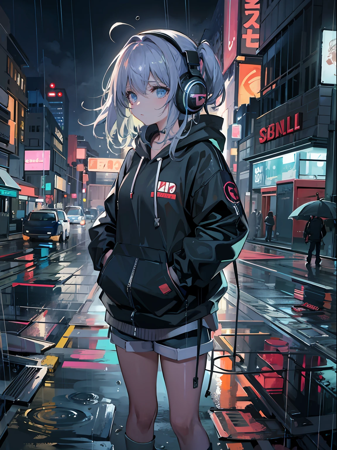 masterpiece, girl alone, solo, incredibly absurd, hoodie, headphones, street, outdoor, rain, neon,