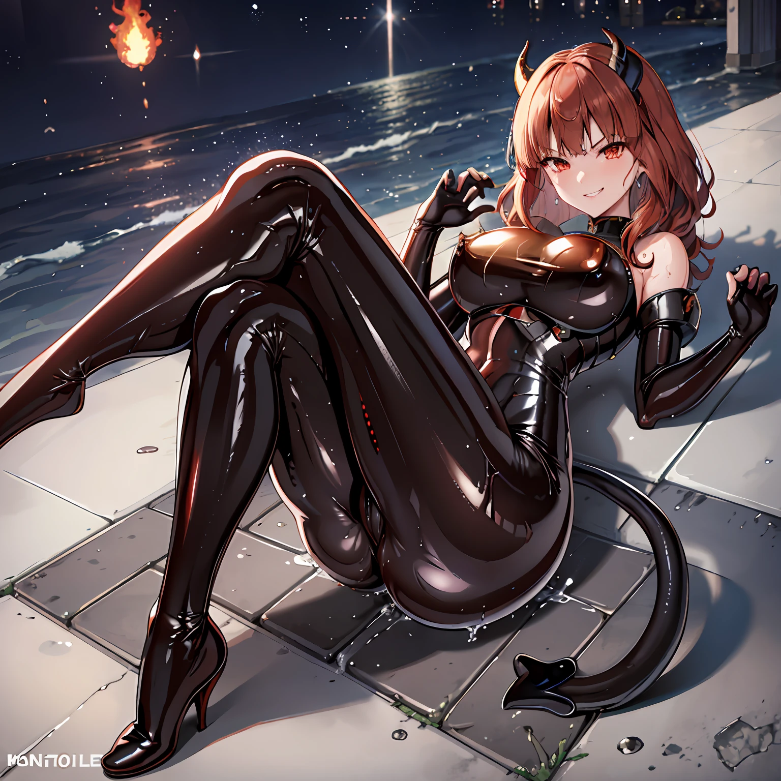 latex bodysuit, 1girl, red eyes, shiny suit, good quality, celica fe, ass, pov, sweat, wet skin, cameltoe, perfect hands, demon horns, demon tail, smile, angry, grin, flame background