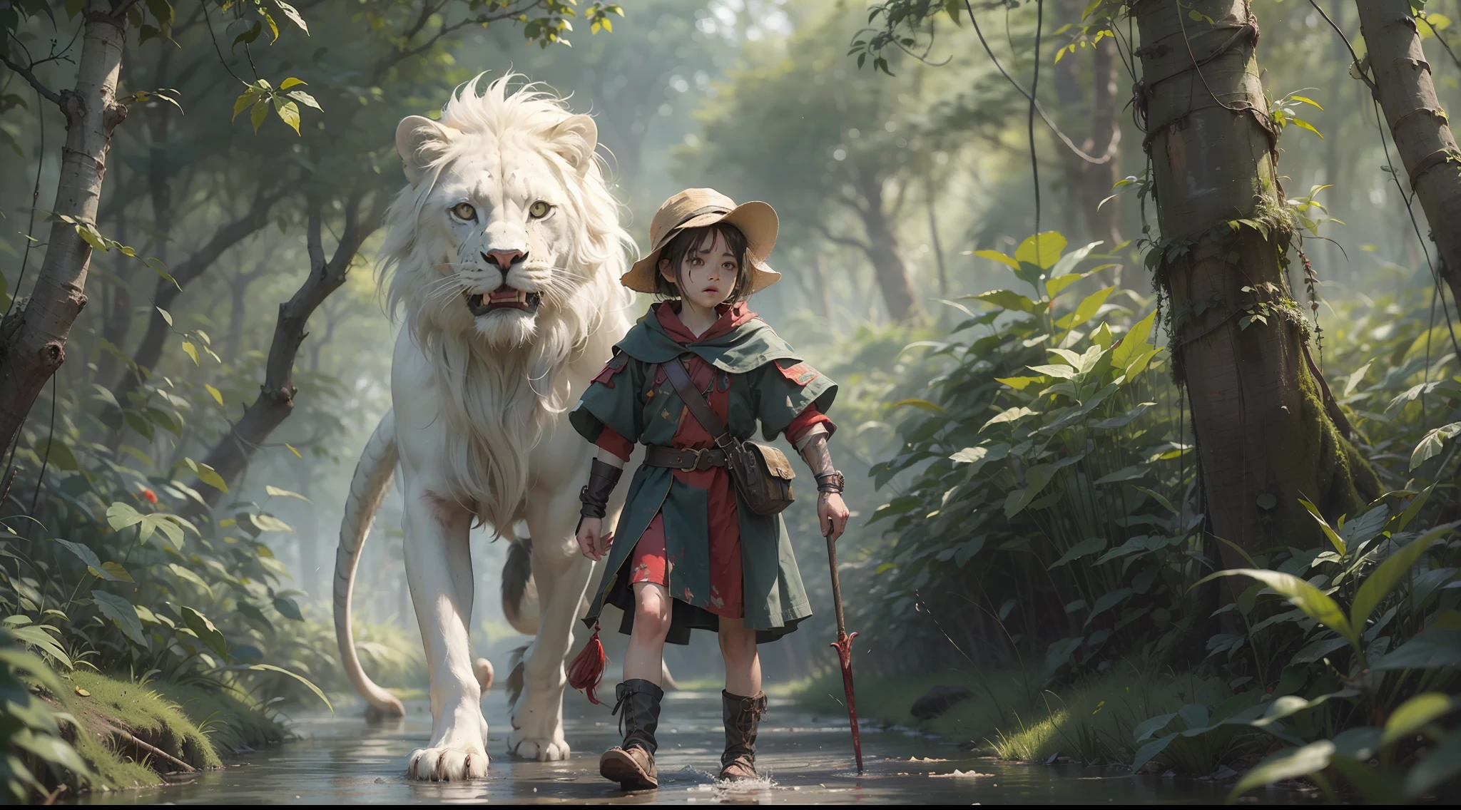 Dense jungle,Rough and damp trees,Huge thick vine,weeds,water puddles,marshes,((5-year-old child adventurer standing in front of a huge white lion)),Piranha,adventurer clothing,brutal,bloodthirsty,attacking,bloods,heavy bleeding,super-fine,Works of masters,high qulity,8K分辨率,depth of fields,电影灯光,Epic shooting