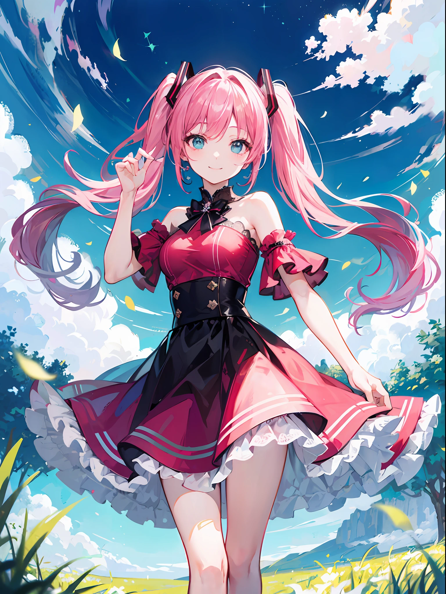 miku hatsune、Pink hair、grass field、a smile、Light Effects、Glittering、Graceful、top-quality、Skysky、a picture