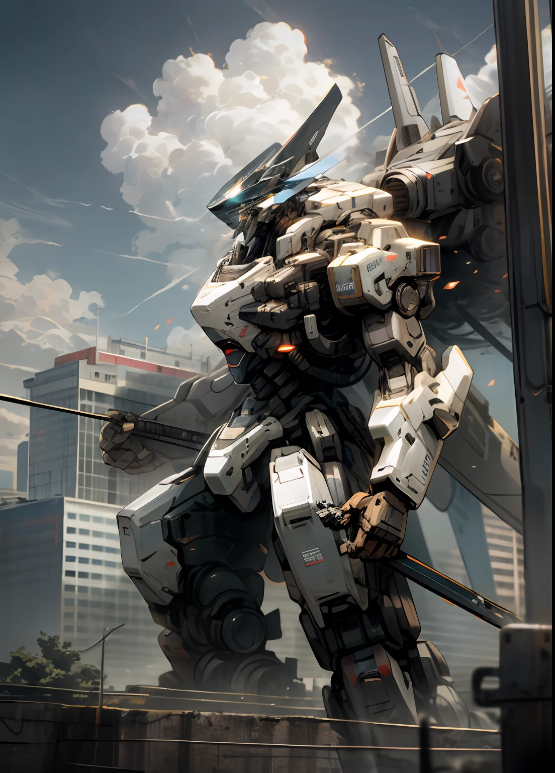 sky, cloud, holding_weapon, no_humans, glowing, , robot, building, glowing_eyes, mecha, science_fiction, city, realistic,mecha