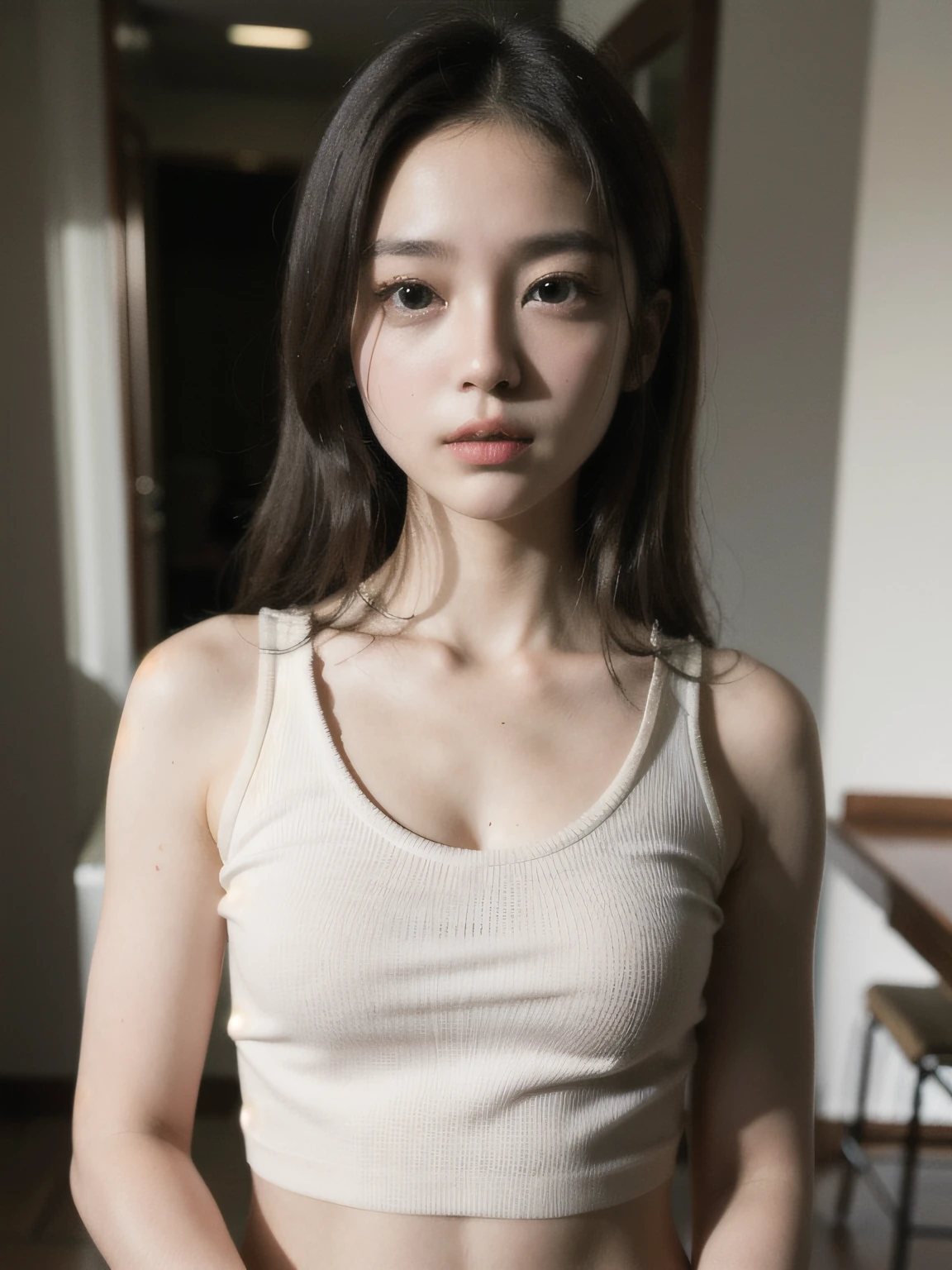 (masterpiece, top-quality, Kawaii Girl, beauitful face, 8K, Raw photo, 85 mm, absurderes, The upper part of the body:1.4), sleeveless、Navel Ejection、skirt by the、 Knee shot, Look at viewers, High school students, Teen, A slender, small head, middlebreasts, grass field, face lights, (Dynamic lighting, Dramatic lighting and shadows, Cinematographic lighting:1.3), sunlights, No makeup, natural, film grains, chromatic abberation, highly contrast, real picture, depth of fields, hight resolution、ultra-detailliert、detaile、foco nítido、Detailed skin, eyes and face