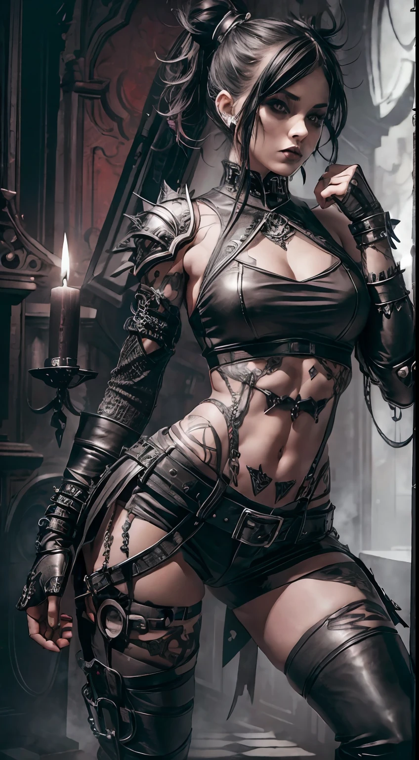 A Punk and goth girl with goth outfit, ripped body, wearing leather armor, leather legging, sexy, small boobs skulls and lit candles around and in the background