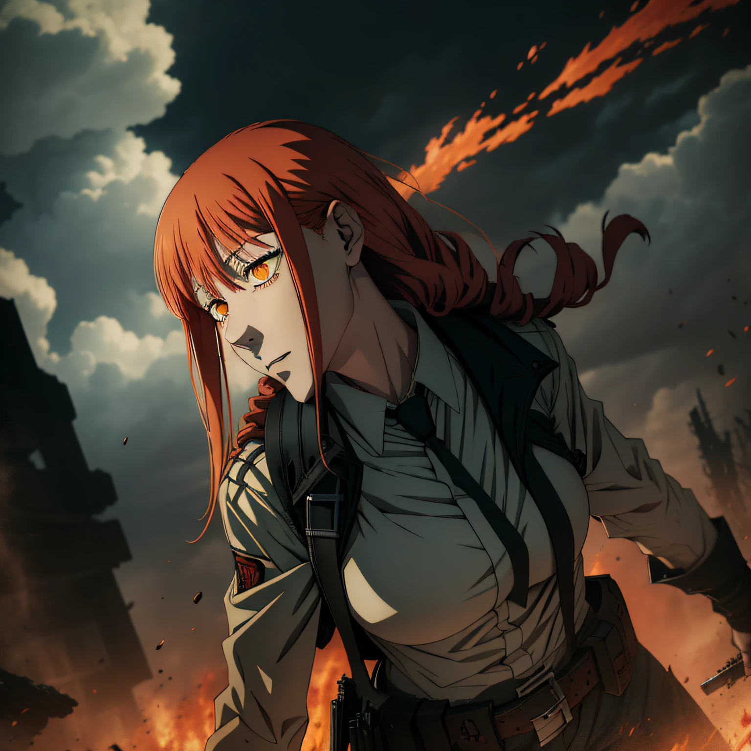 Ruins War People Demons Corpses Everywhere Red-haired and blonde reincarnated tall woman with firearms Manga style Bleak sky Heavy tank wreckage Demon's Corpse Gun Demons Author Sou Isayama Fujimotoki