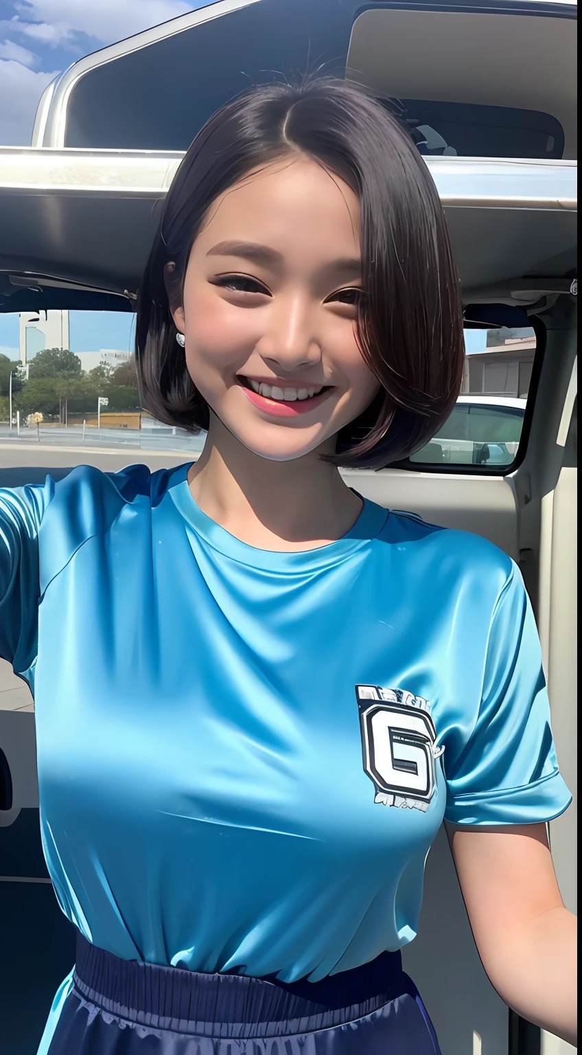 One woman and one short boy, a woman in a shiny truck costume is grabbed by the boy next to her with both hands (beautiful college girl in truck costume, best quality, high definition, 8k, 1 girl, outside the athletics stadium, 1 girl, shiny track costume (satin track costume: 1.4, light blue: 1.5) (black hair, short hair, big: 1.4), (upper body: 1.2), Watch the viewer and smile), outside, boy grabbing the breasts of a woman in truck costume with both hands (T-shirt, shorts, grabbing a woman's breasts with both hands)