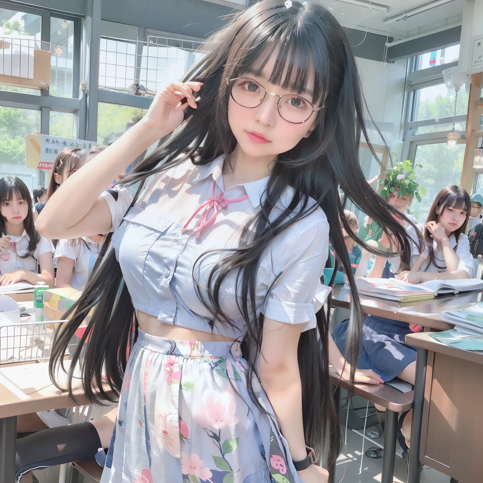 ​masterpiece、top-quality、ultra-detailliert、illustratio、colourfull、Faltcolor、depth of fields、lensflare、1girl in、realphoto、hi-school girl、Waist-length black hair long straight hair、👓looking at the spectator、School、‎Classroom、large bulging breasts、transparent breast patch、bulging areol　bulging nipple delicate skin、serafuku、no-bra　Delicate texture、delicate cloth、Delicate beauty、Rolled up skirt　Evening scenery　🔞Captivate the audience